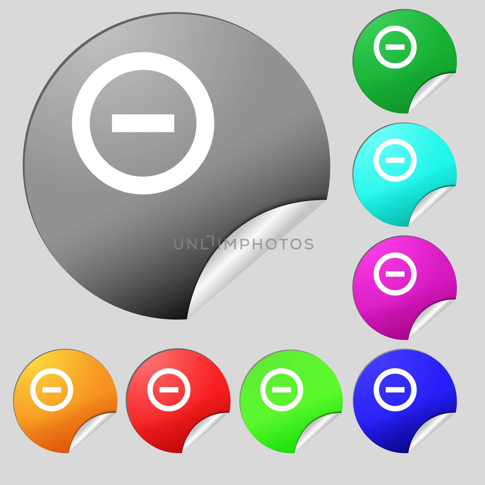 Minus, Negative, zoom, stop icon sign. Set of eight multi-colored round buttons, stickers.  by serhii_lohvyniuk