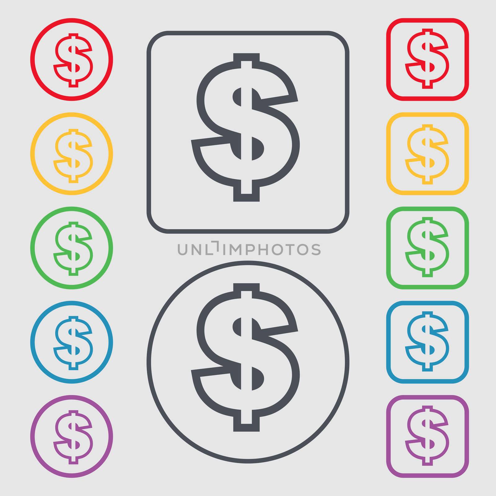 Dollar icon sign. symbol on the Round and square buttons with frame. illustration