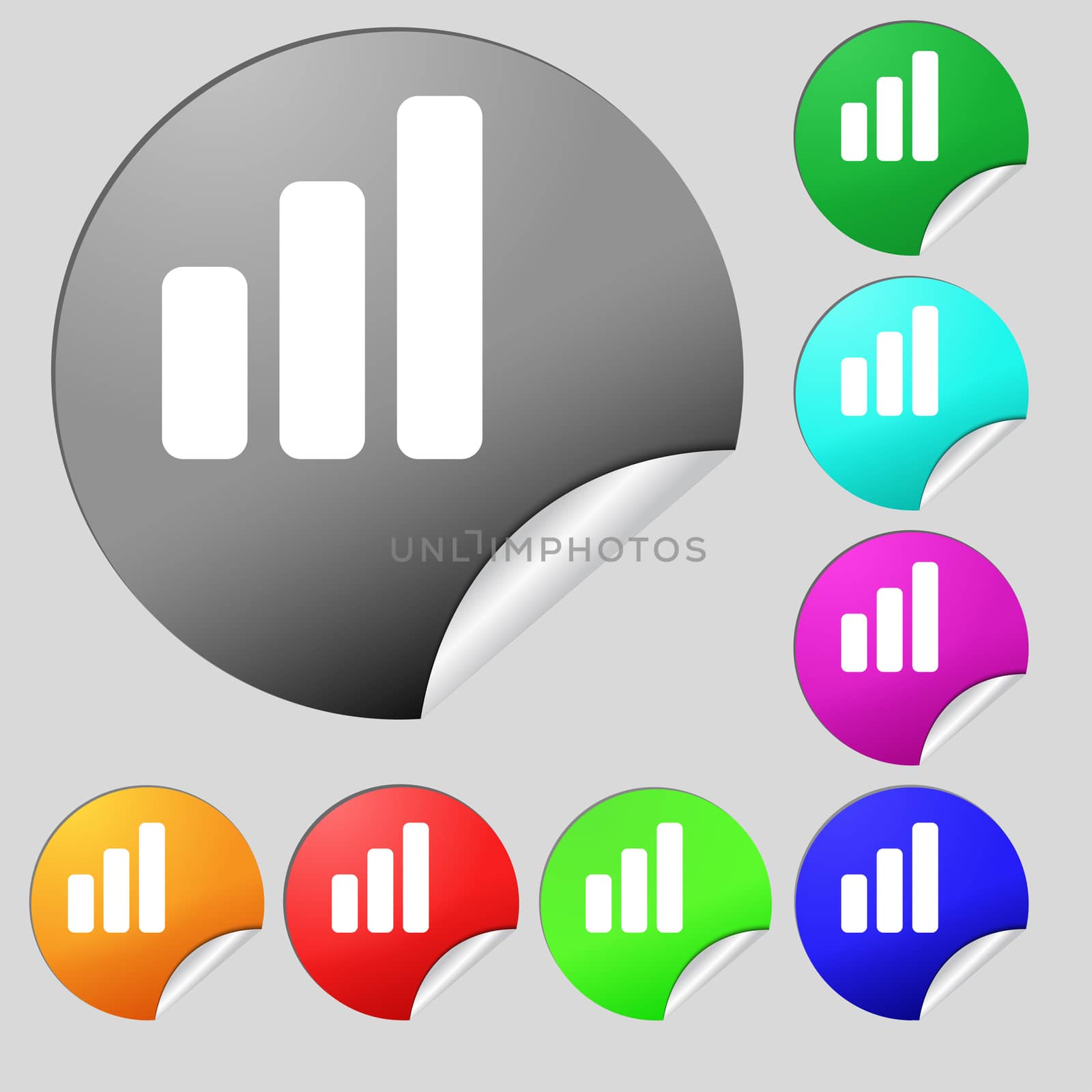 Growth and development concept. graph of Rate icon sign. Set of eight multi-colored round buttons, stickers. illustration