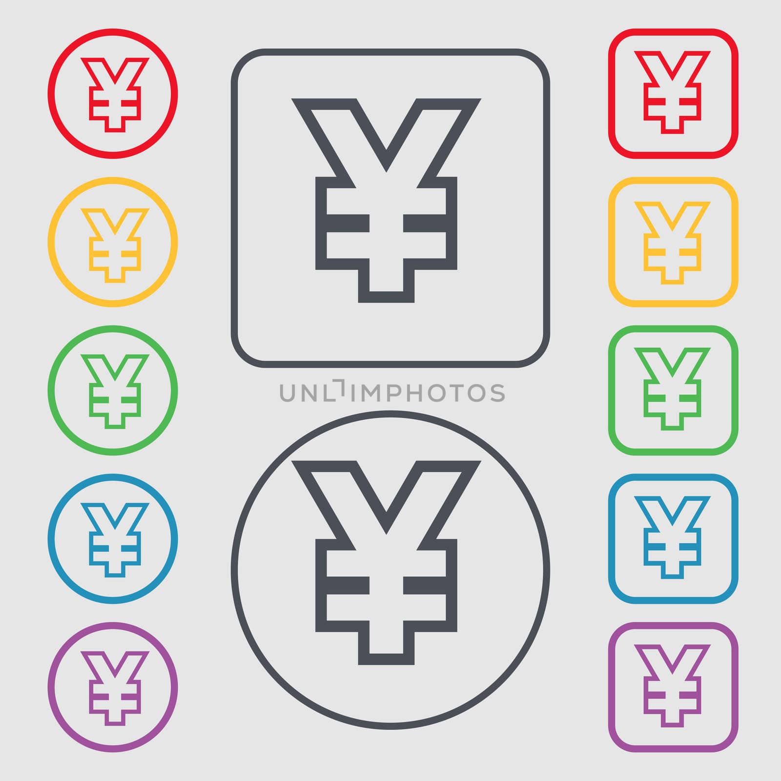 Yen JPY icon sign. symbol on the Round and square buttons with frame.  by serhii_lohvyniuk