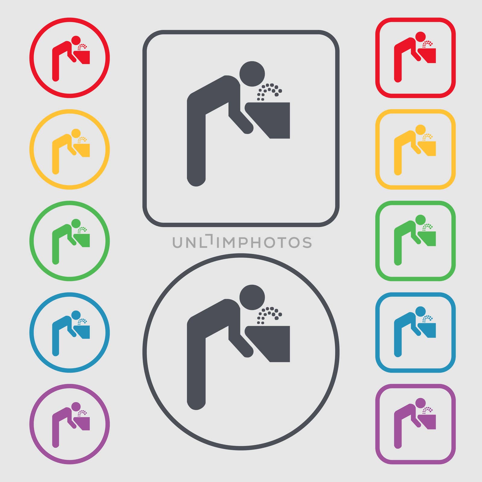 drinking fountain icon sign. symbol on the Round and square buttons with frame. illustration