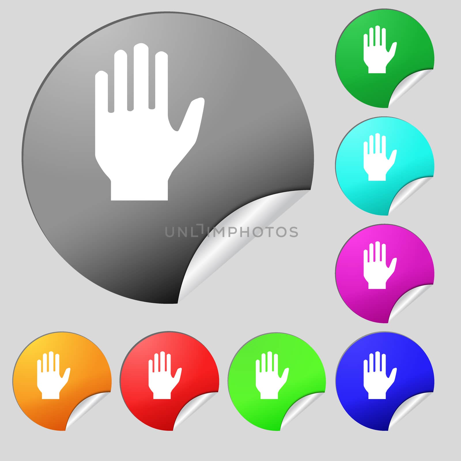 Hand print sign icon. Stop symbol. Set of eight multi colored round buttons, stickers.  by serhii_lohvyniuk