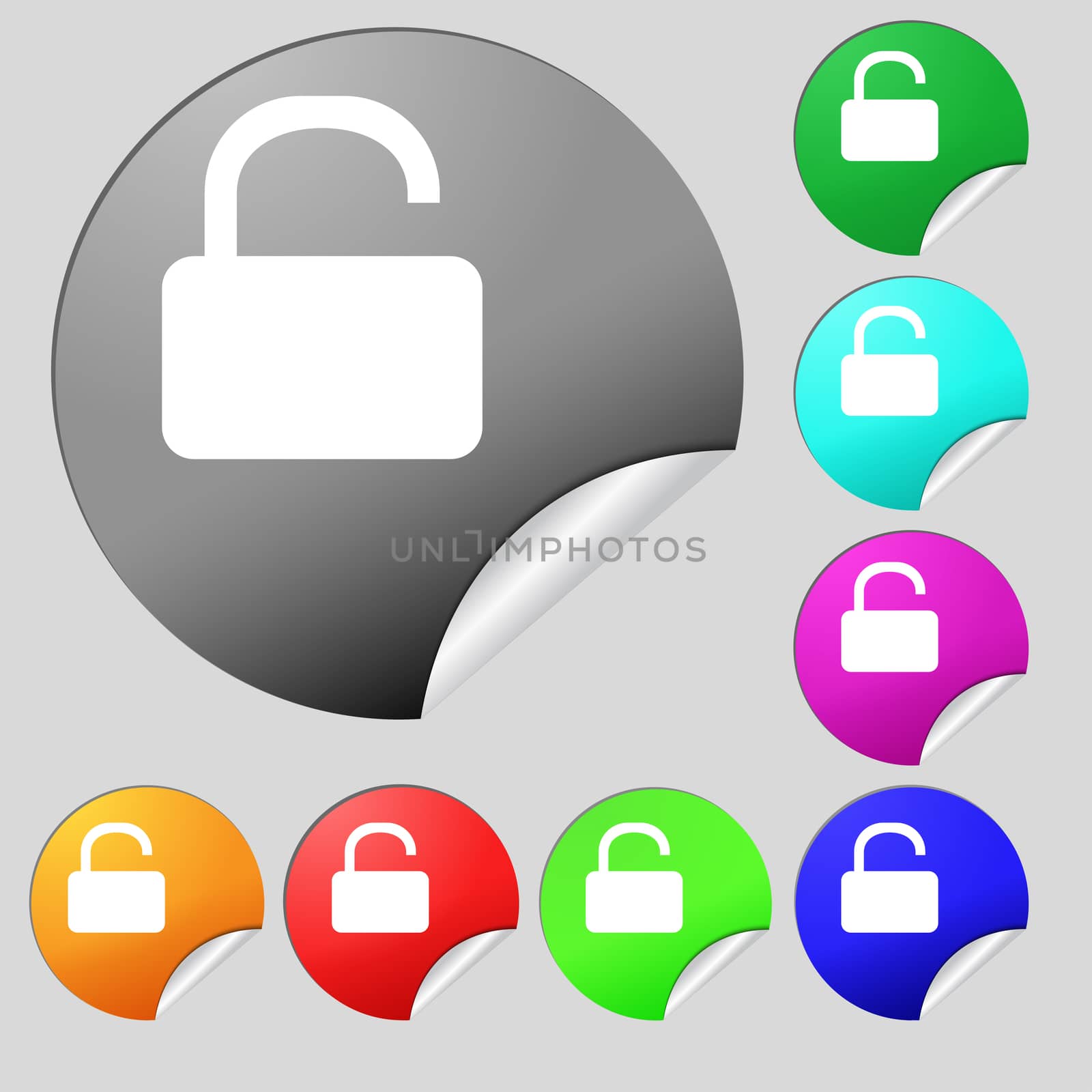 Open Padlock icon sign. Set of eight multi-colored round buttons, stickers. illustration