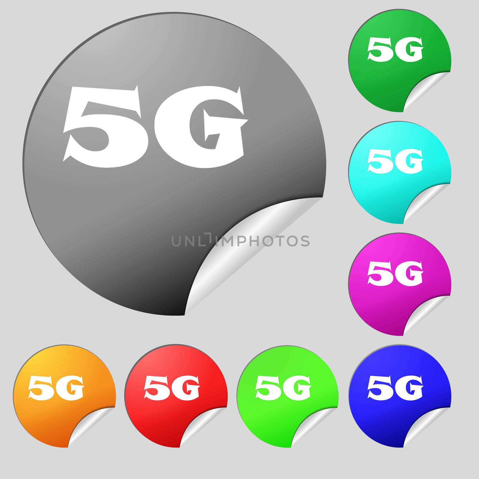5G sign icon. Mobile telecommunications technology symbol. Set of eight multi colored round buttons, stickers.  by serhii_lohvyniuk