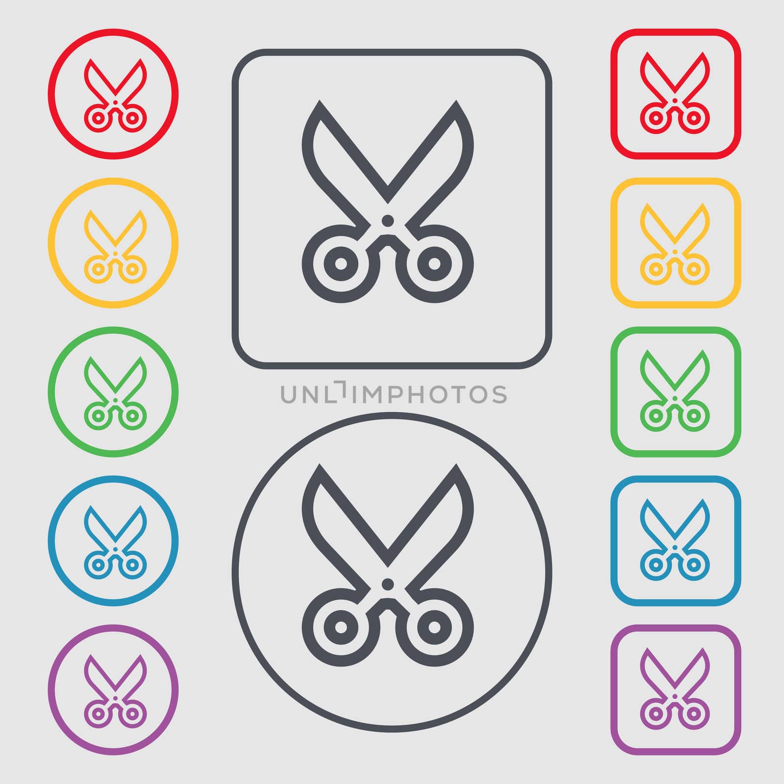 scissors icon sign. symbol on the Round and square buttons with frame. illustration