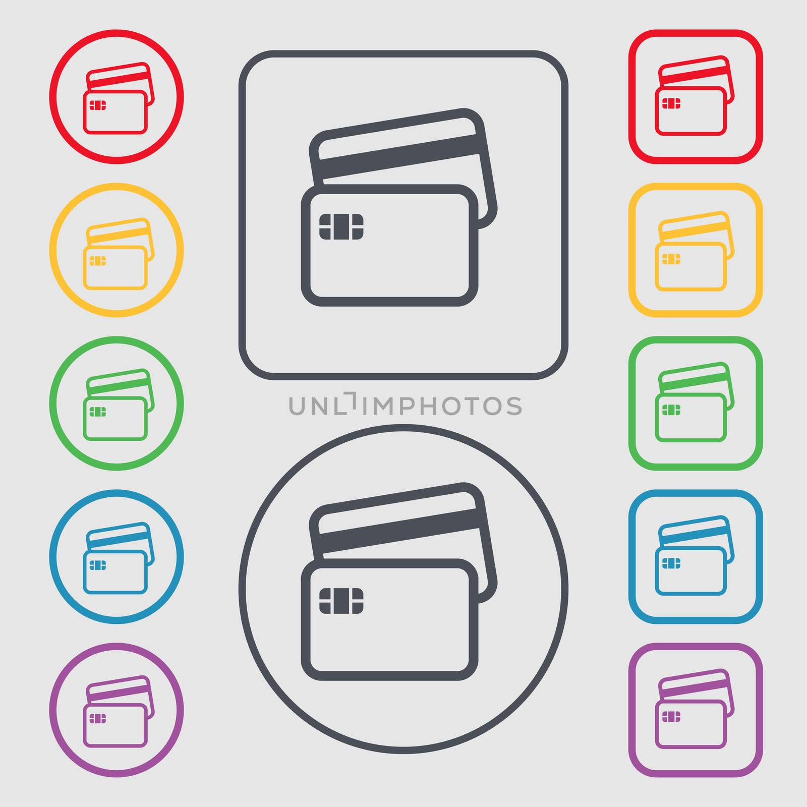 Credit card icon sign. symbol on the Round and square buttons with frame. illustration