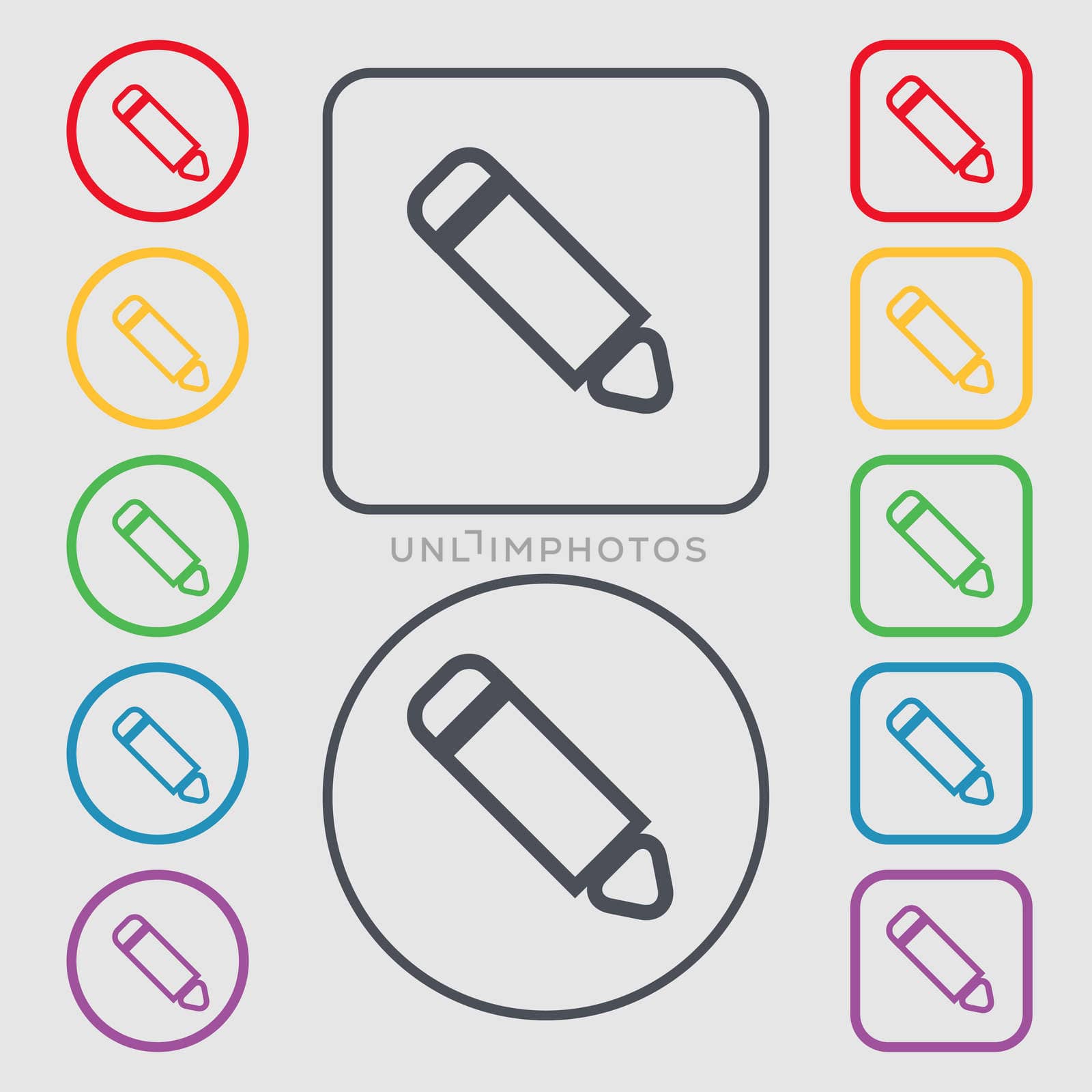 Pen icon sign. symbol on the Round and square buttons with frame. illustration