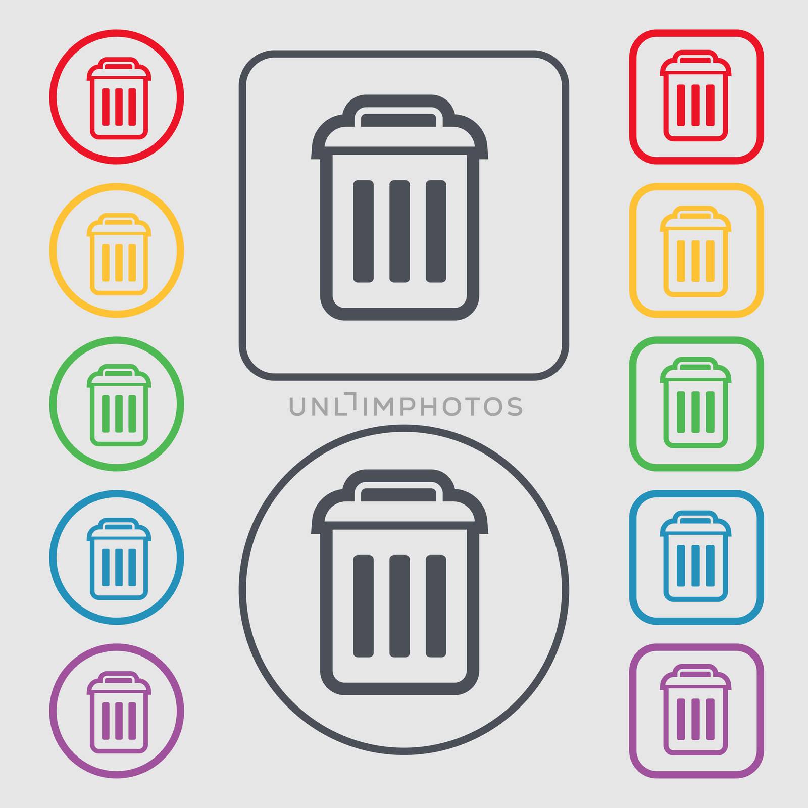 the trash icon sign. symbol on the Round and square buttons with frame. illustration