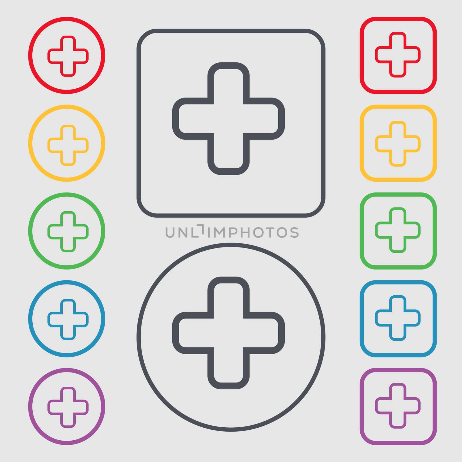 Plus icon sign. symbol on the Round and square buttons with frame. illustration