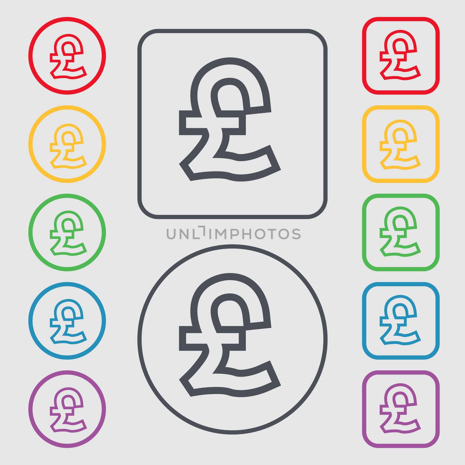 Pound Sterling icon sign. symbol on the Round and square buttons with frame. illustration