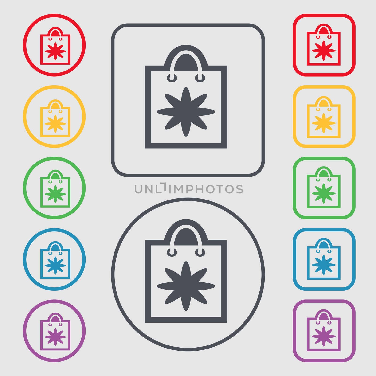 shopping bag icon sign. symbol on the Round and square buttons with frame. illustration