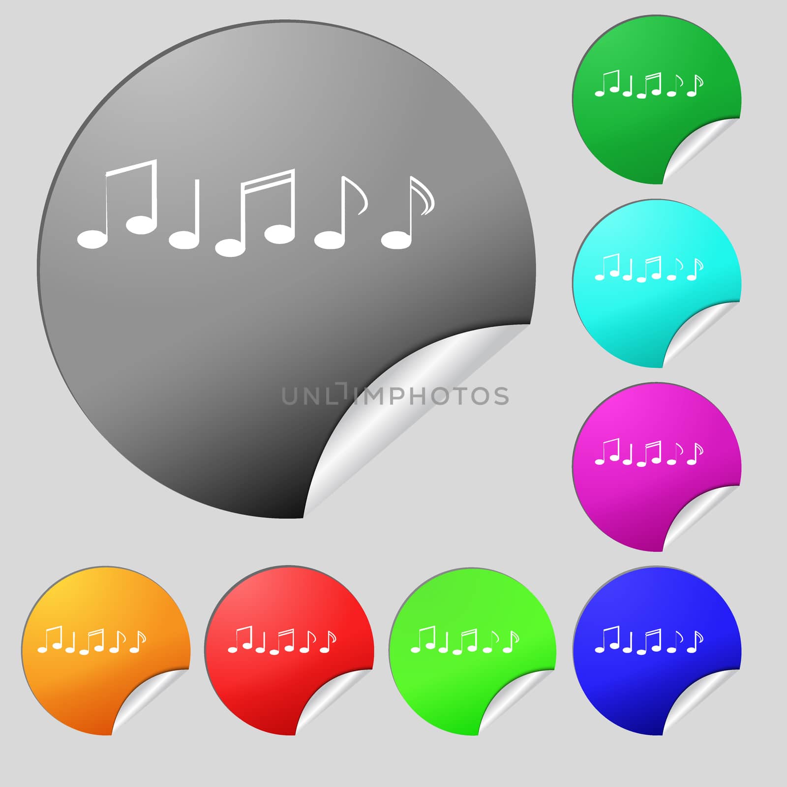 Music note sign icon. Musical symbol. Set of eight multi colored round buttons, stickers.  by serhii_lohvyniuk