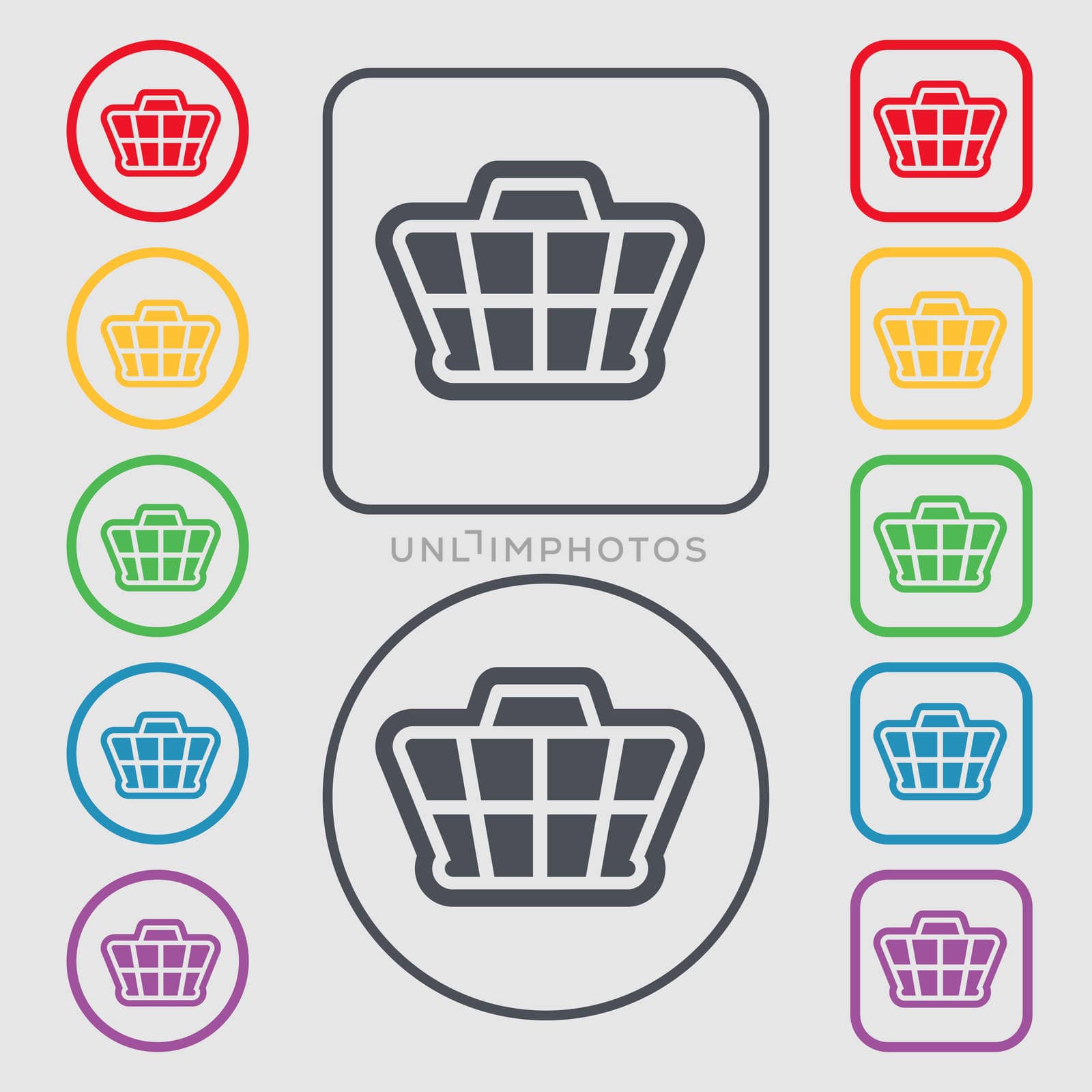 Shopping Cart icon sign. symbol on the Round and square buttons with frame. illustration