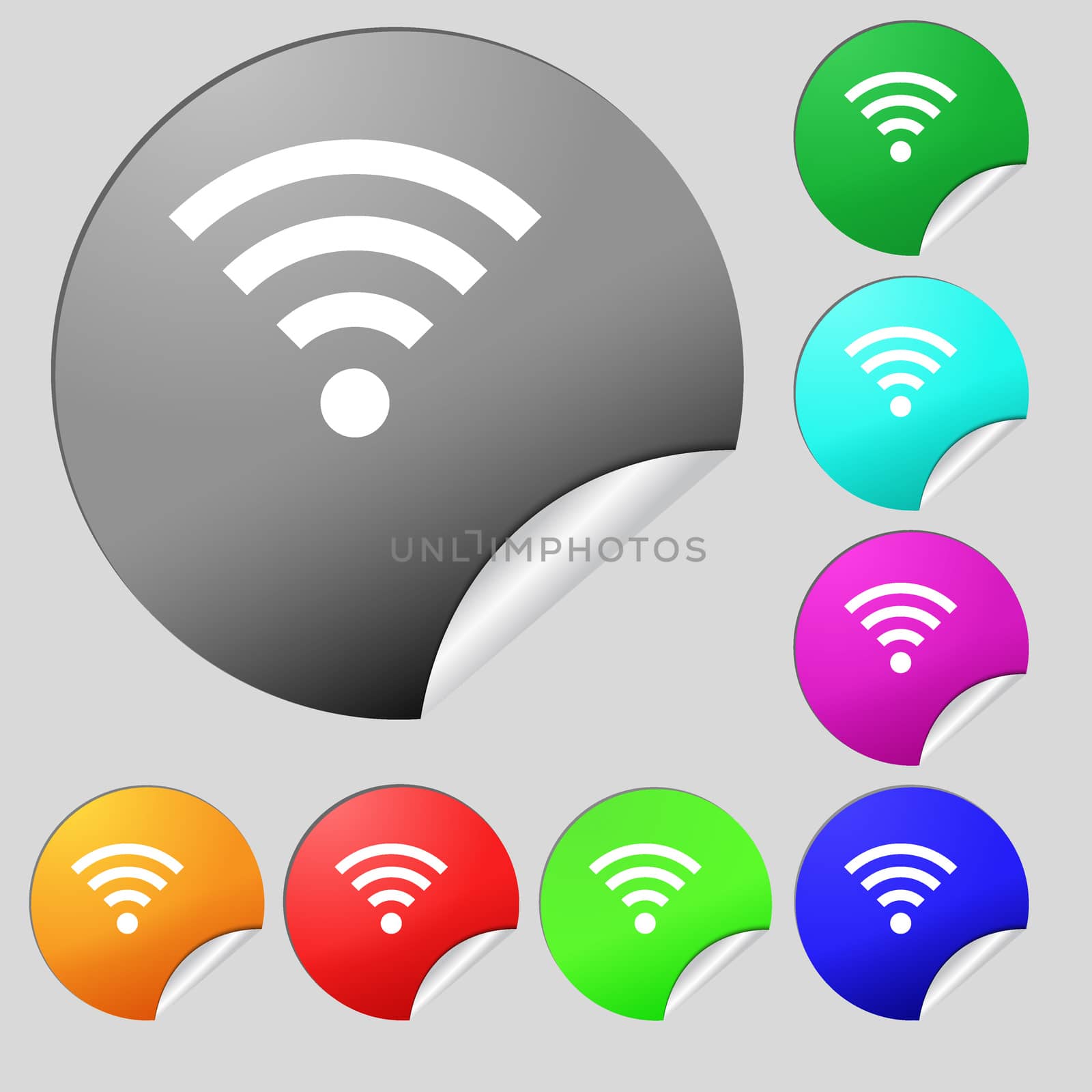 Wifi sign. Wi-fi symbol. Wireless Network icon zone. Set of eight multi colored round buttons, stickers.  by serhii_lohvyniuk