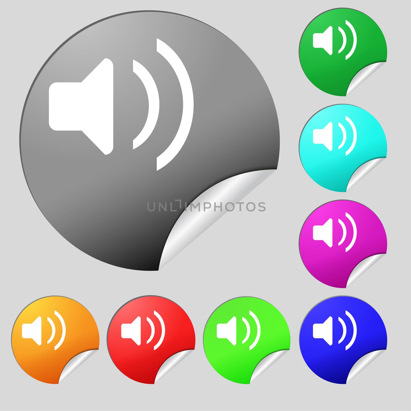Speaker volume, Sound icon sign. Set of eight multi-colored round buttons, stickers. illustration