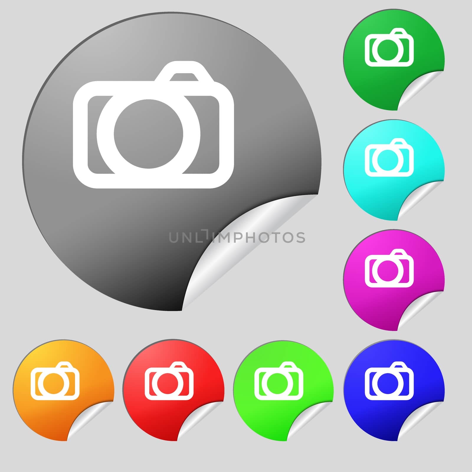 Photo camera sign icon. Digital photo camera symbol. Set of eight multi colored round buttons, stickers. illustration