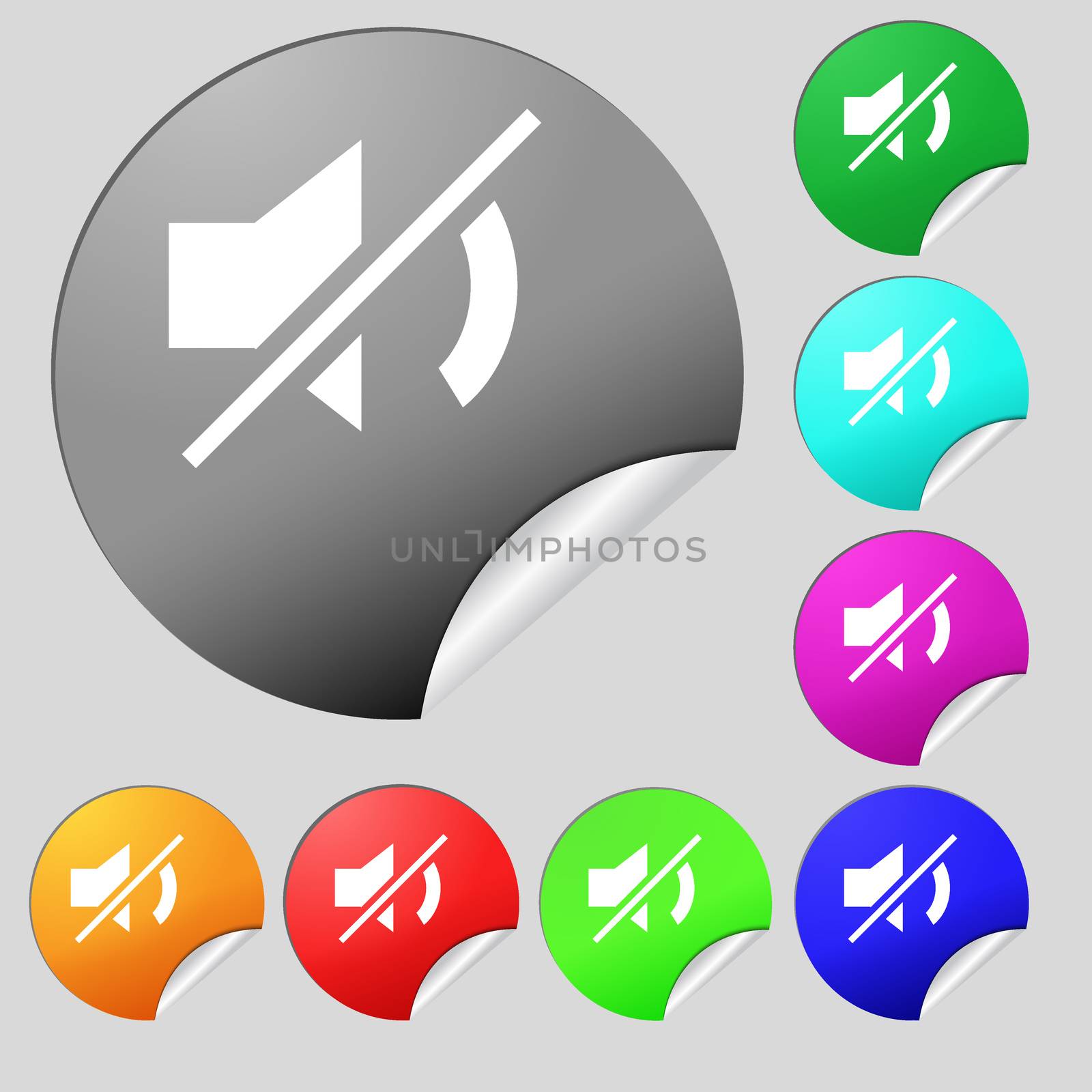 Mute speaker sign icon. Sound symbol. Set of eight multi colored round buttons, stickers.  by serhii_lohvyniuk