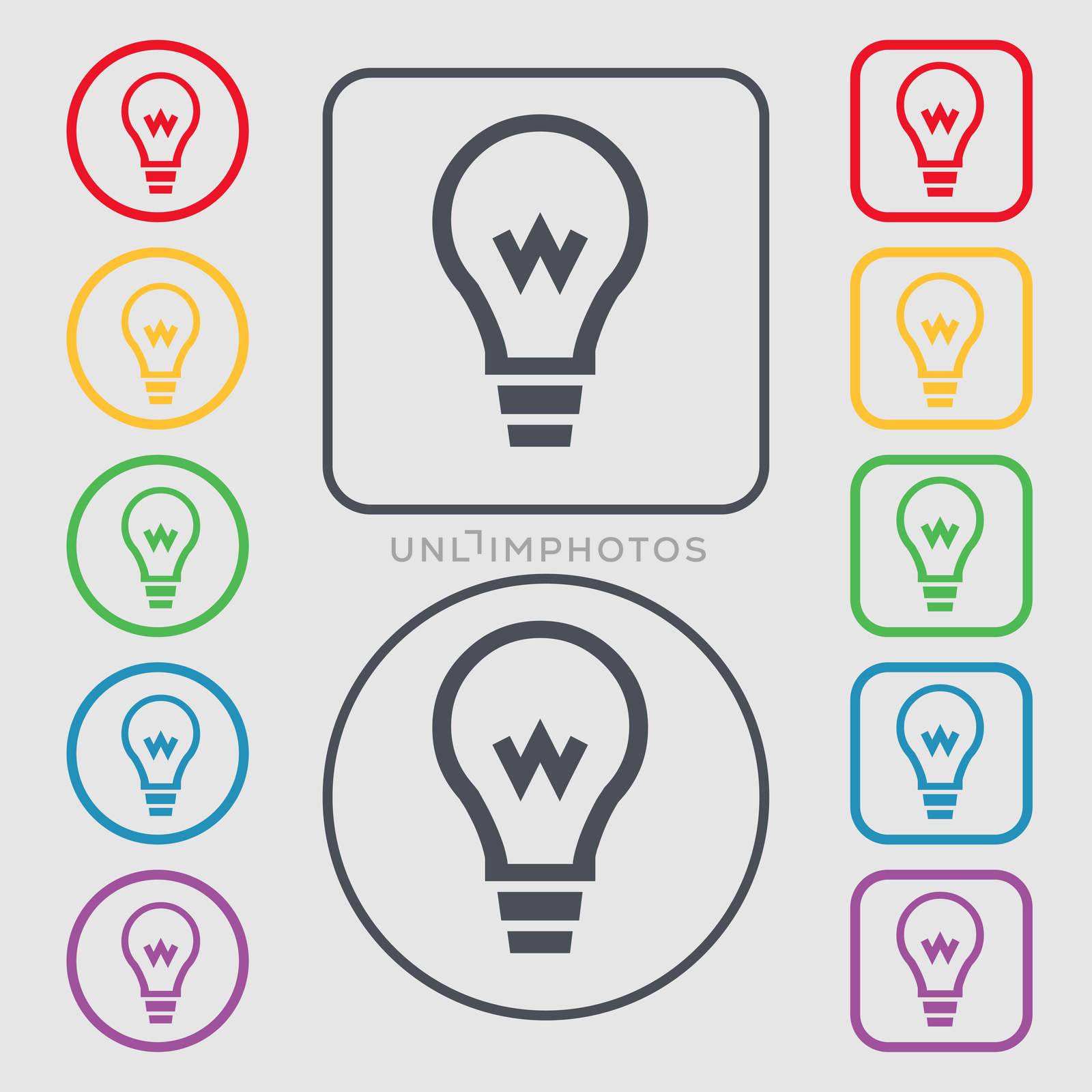 Light bulb icon sign. symbol on the Round and square buttons with frame. illustration