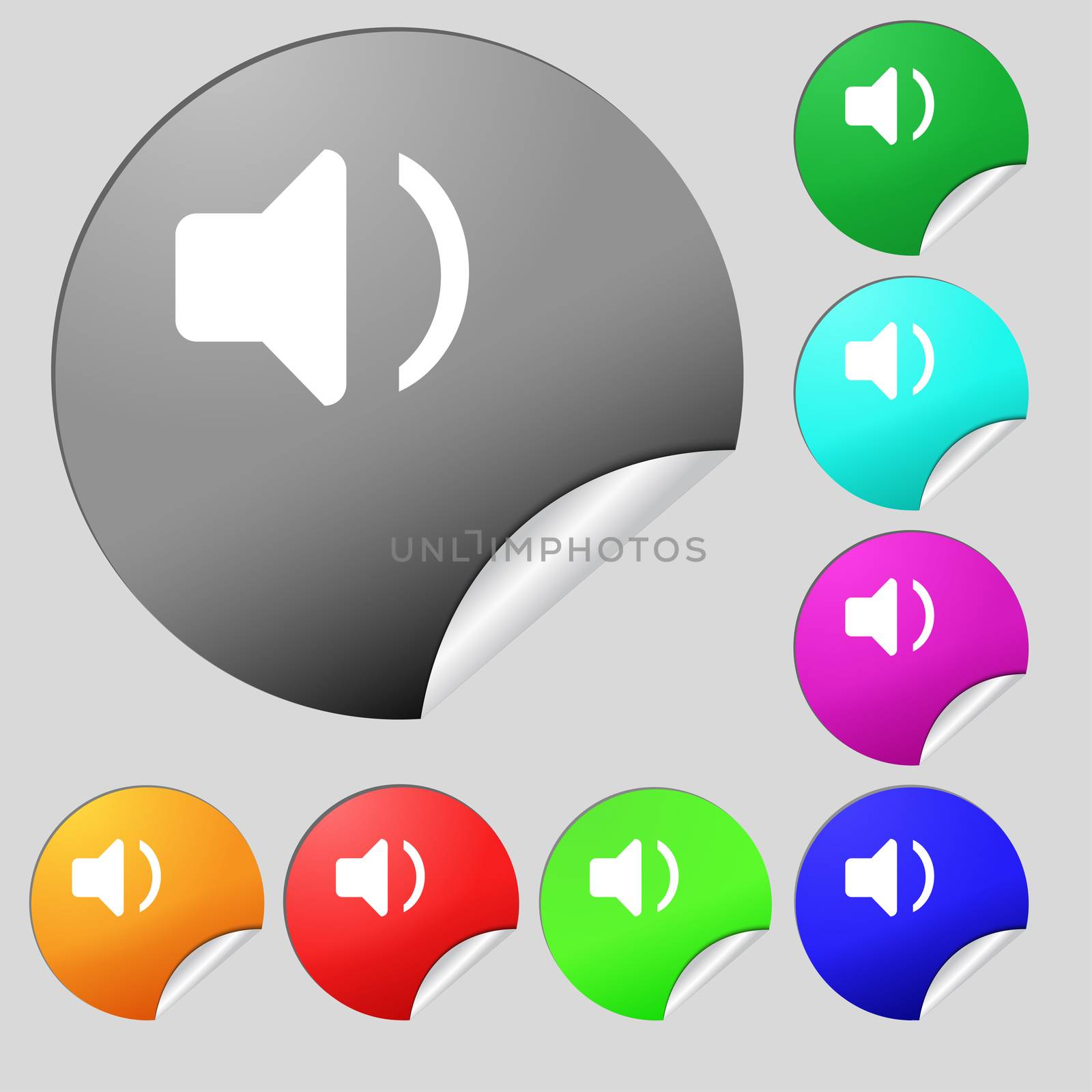 Speaker volume, Sound icon sign. Set of eight multi-colored round buttons, stickers.  by serhii_lohvyniuk