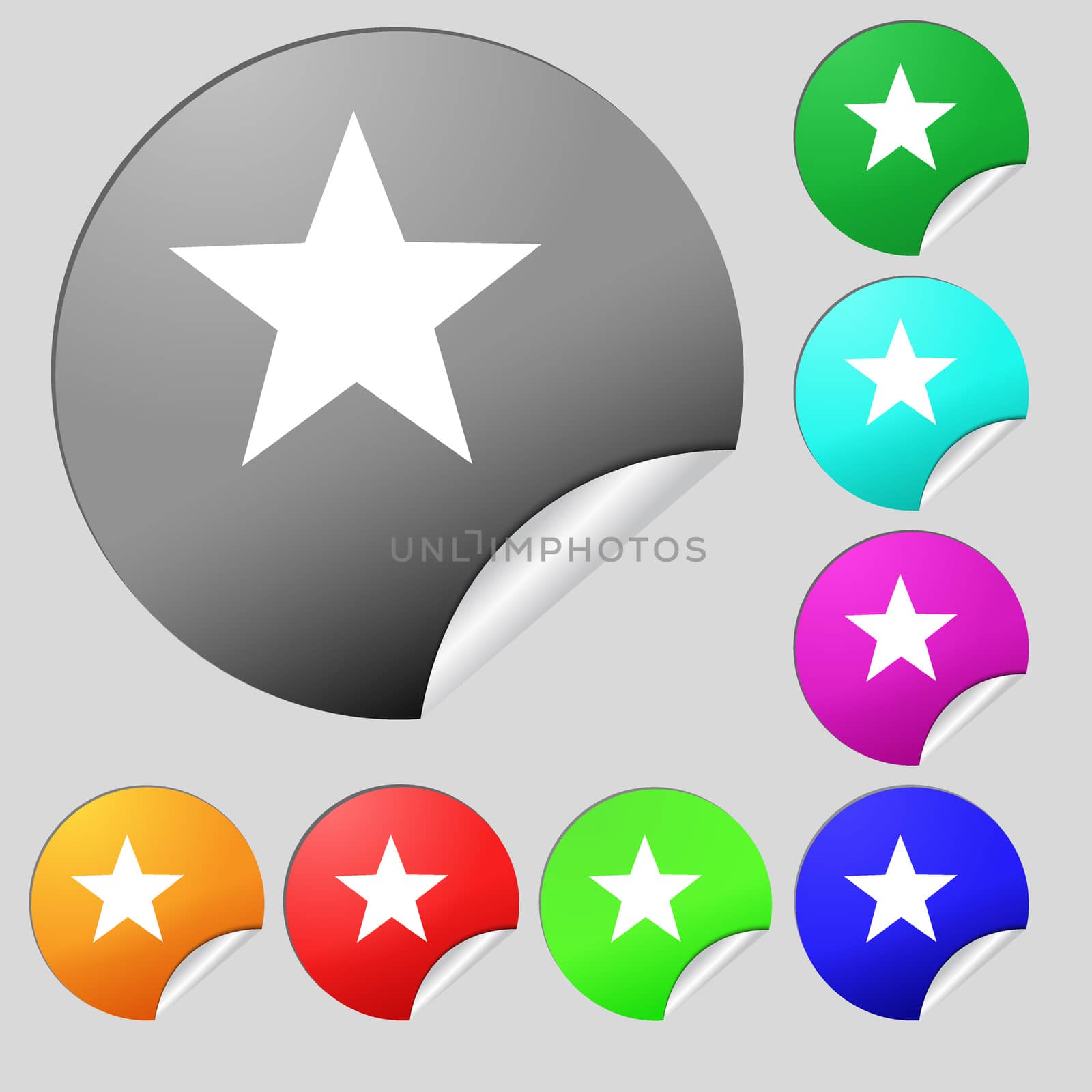 Star sign icon. Favorite button. Navigation symbol. Set of eight multi colored round buttons, stickers. illustration