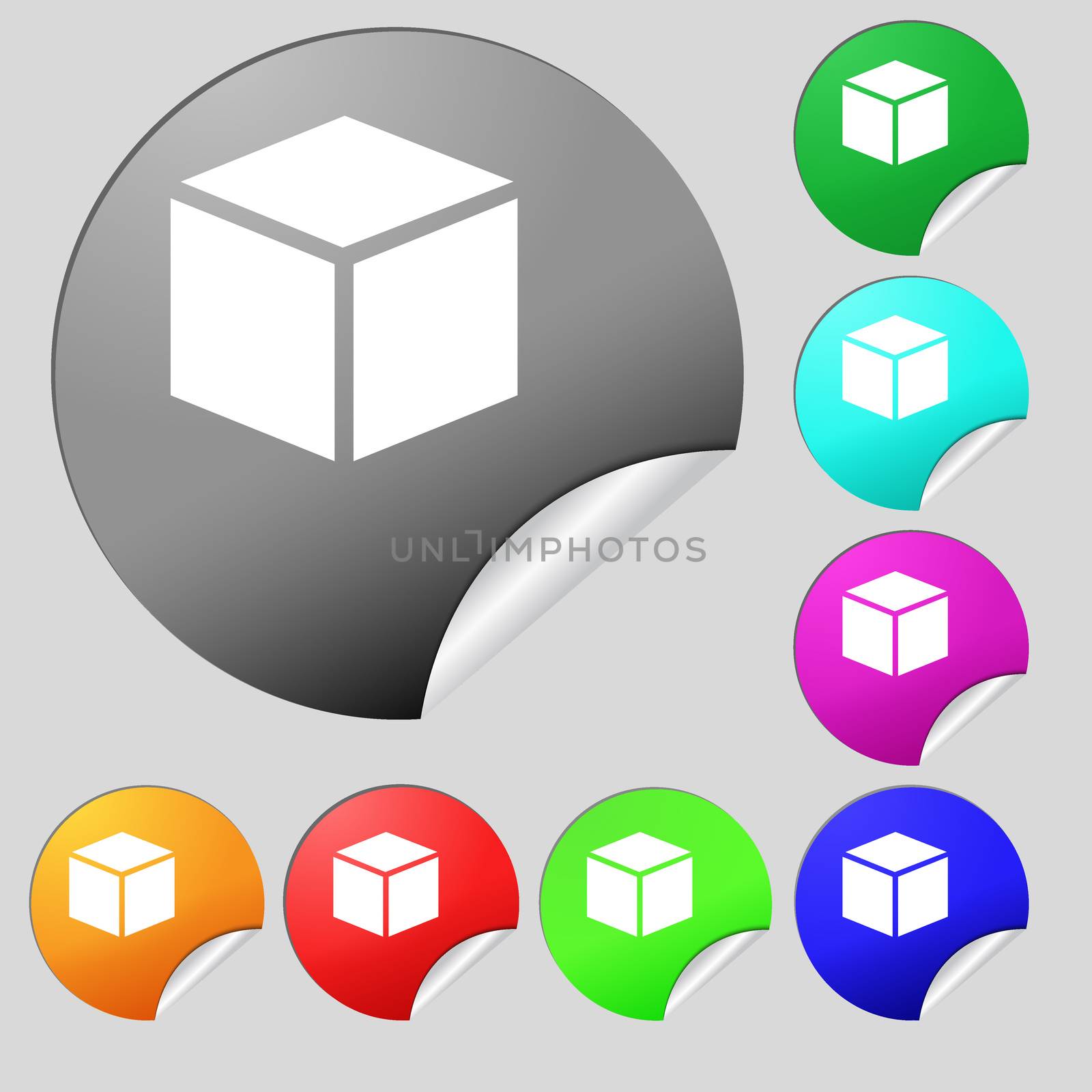3d cube icon sign. Set of eight multi colored round buttons, stickers. illustration