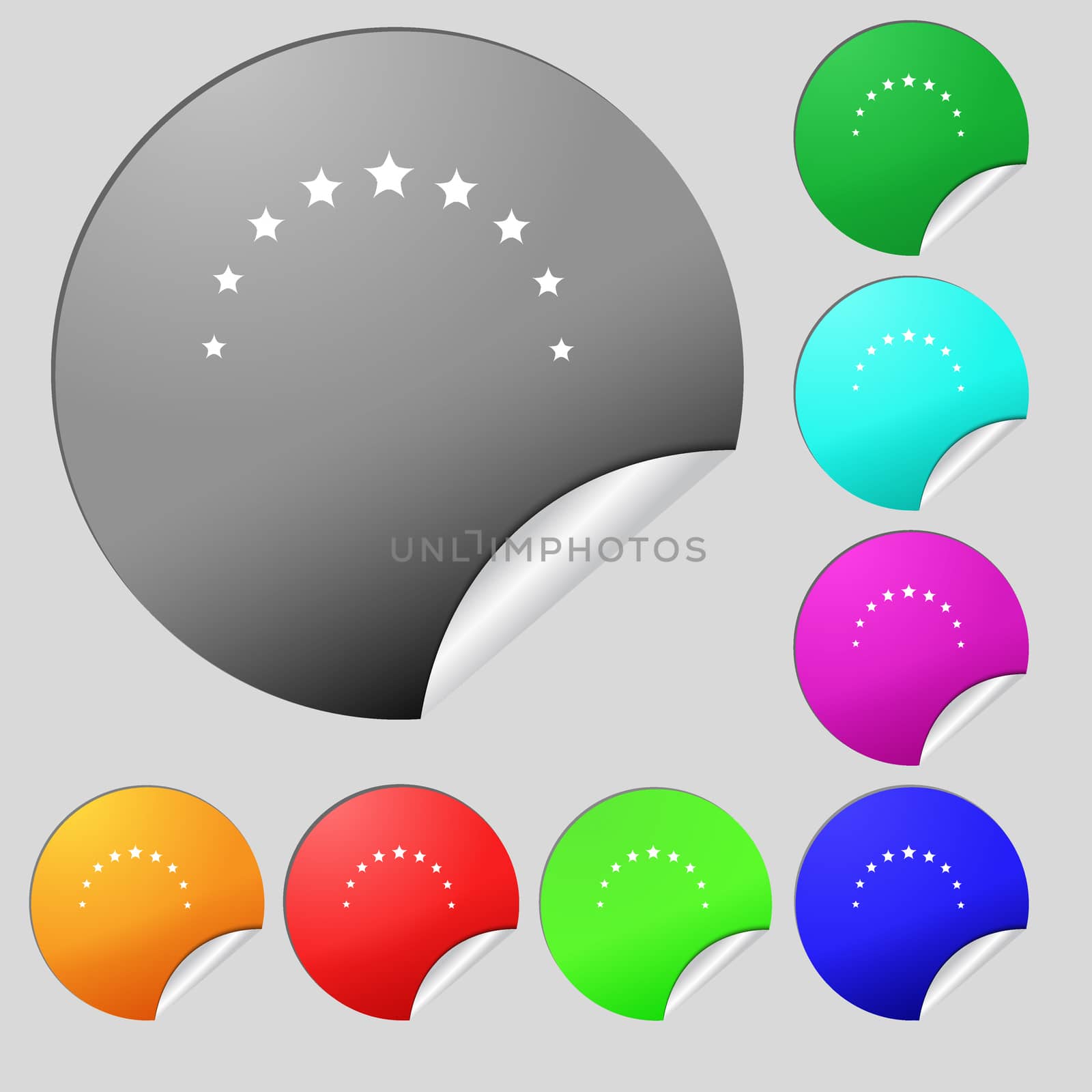 Star sign icon. Favorite button. Navigation symbol. Set of eight multi colored round buttons, stickers. illustration