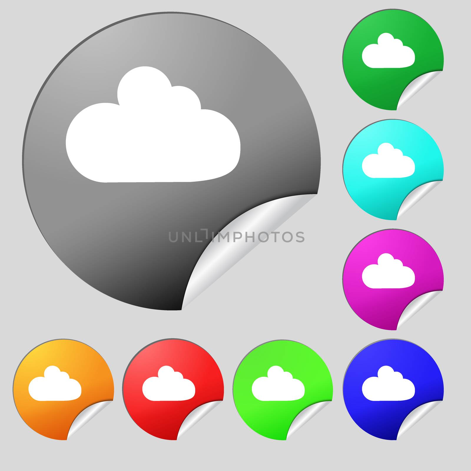 Cloud sign icon. Data storage symbol. Set of eight multi colored round buttons, stickers.  by serhii_lohvyniuk