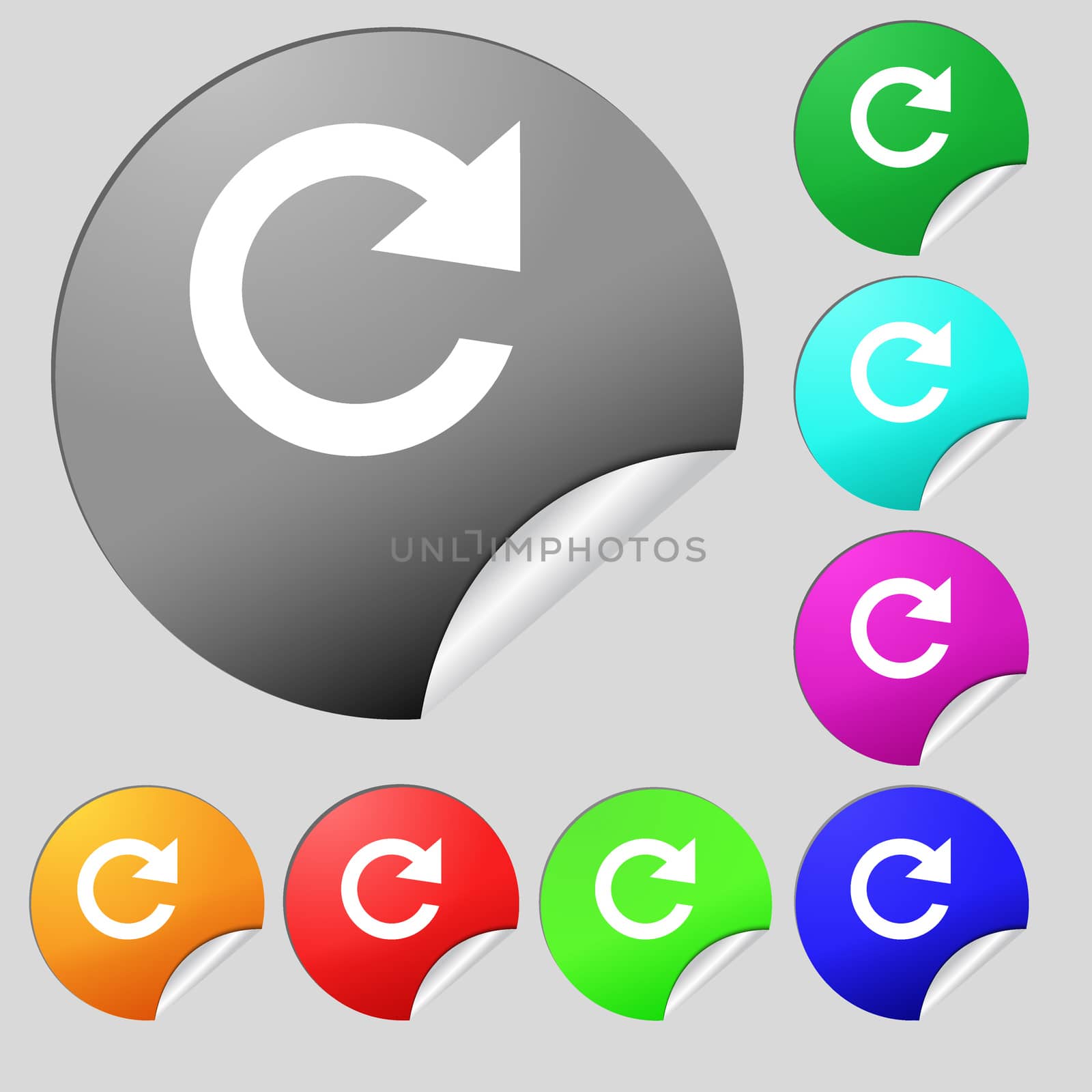 update sign icon. Full rotation arrow symbol. Set of eight multi colored round buttons, stickers. illustration