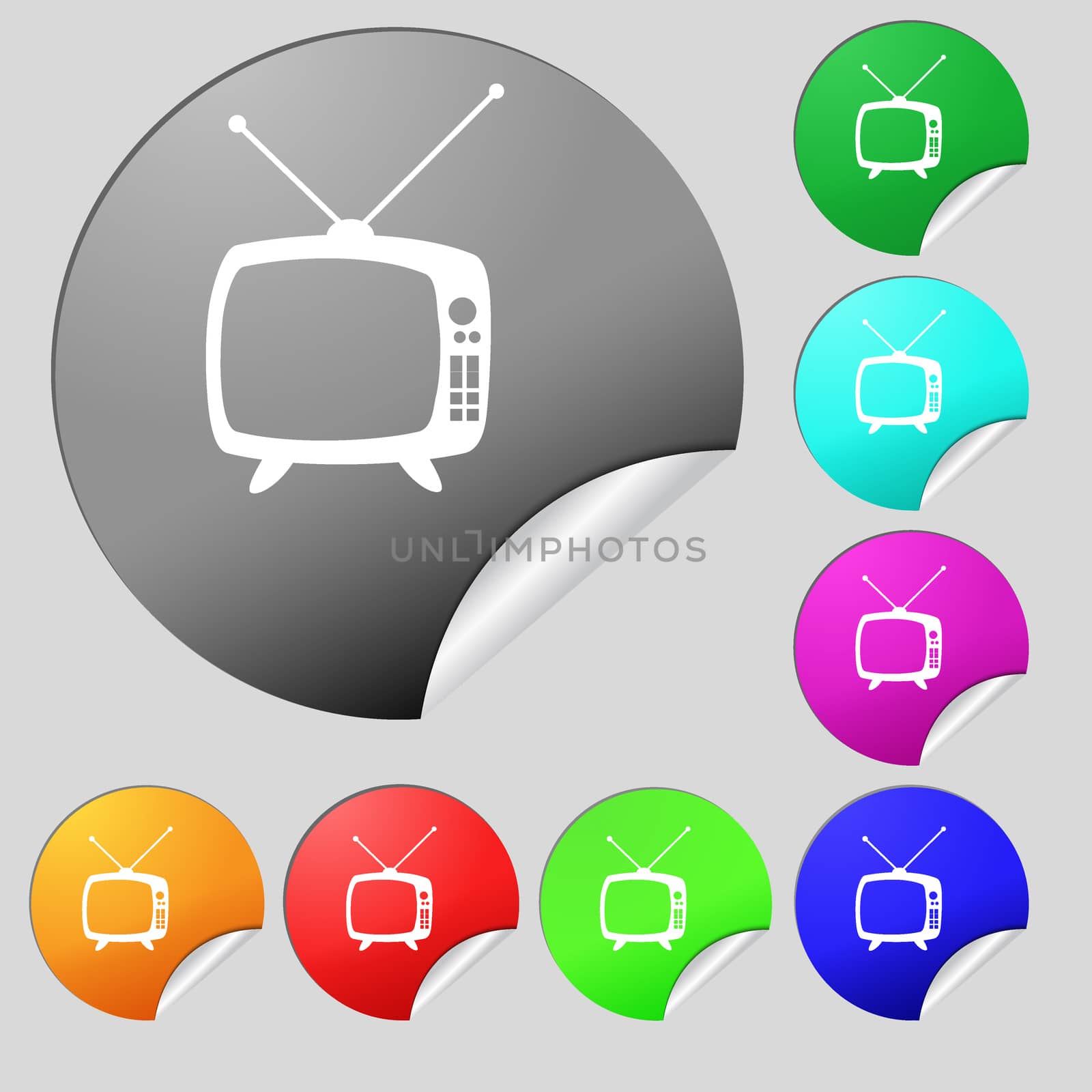 Retro TV mode sign icon. Television set symbol. Set of eight multi colored round buttons, stickers. illustration