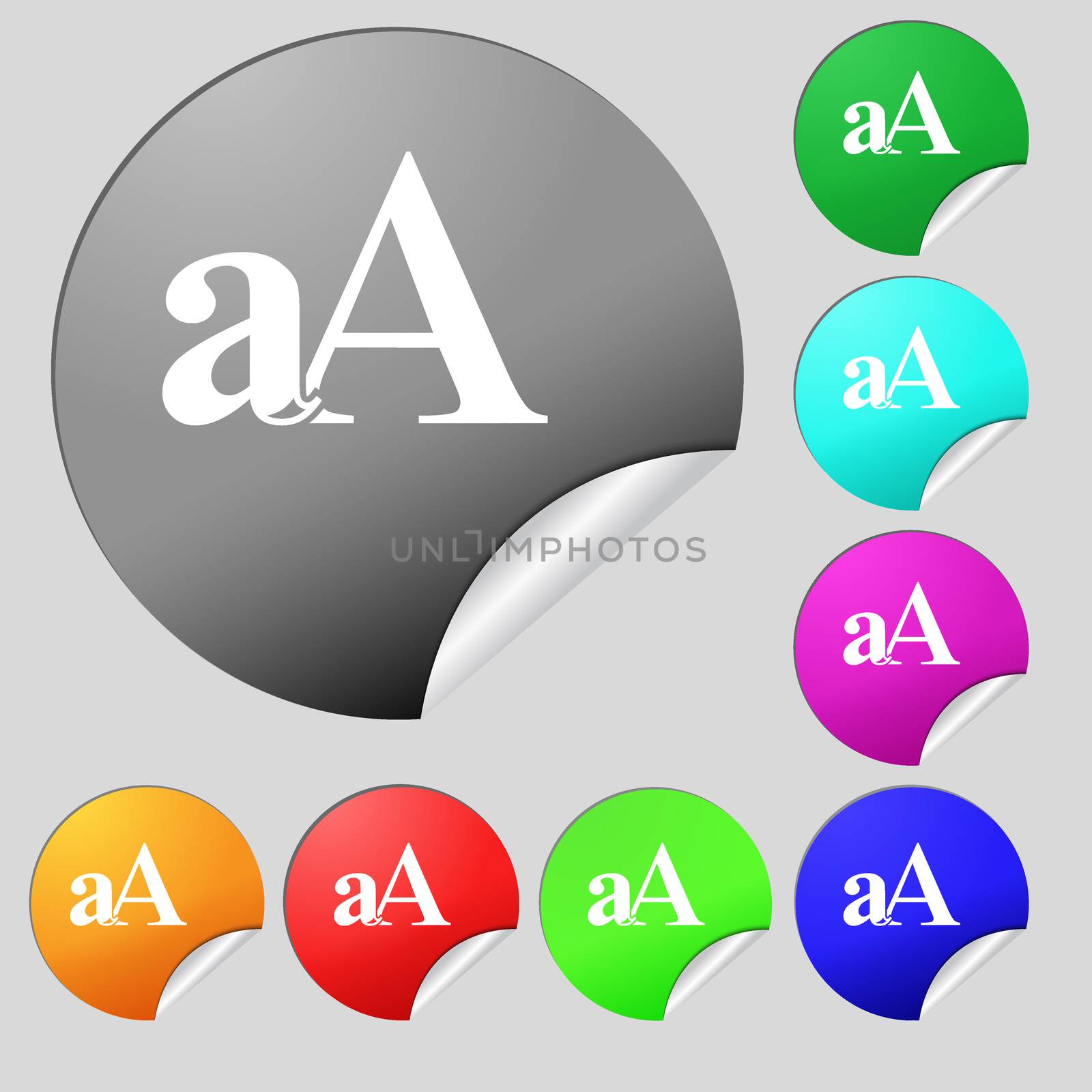 Enlarge font, aA icon sign. Set of eight multi colored round buttons, stickers. illustration