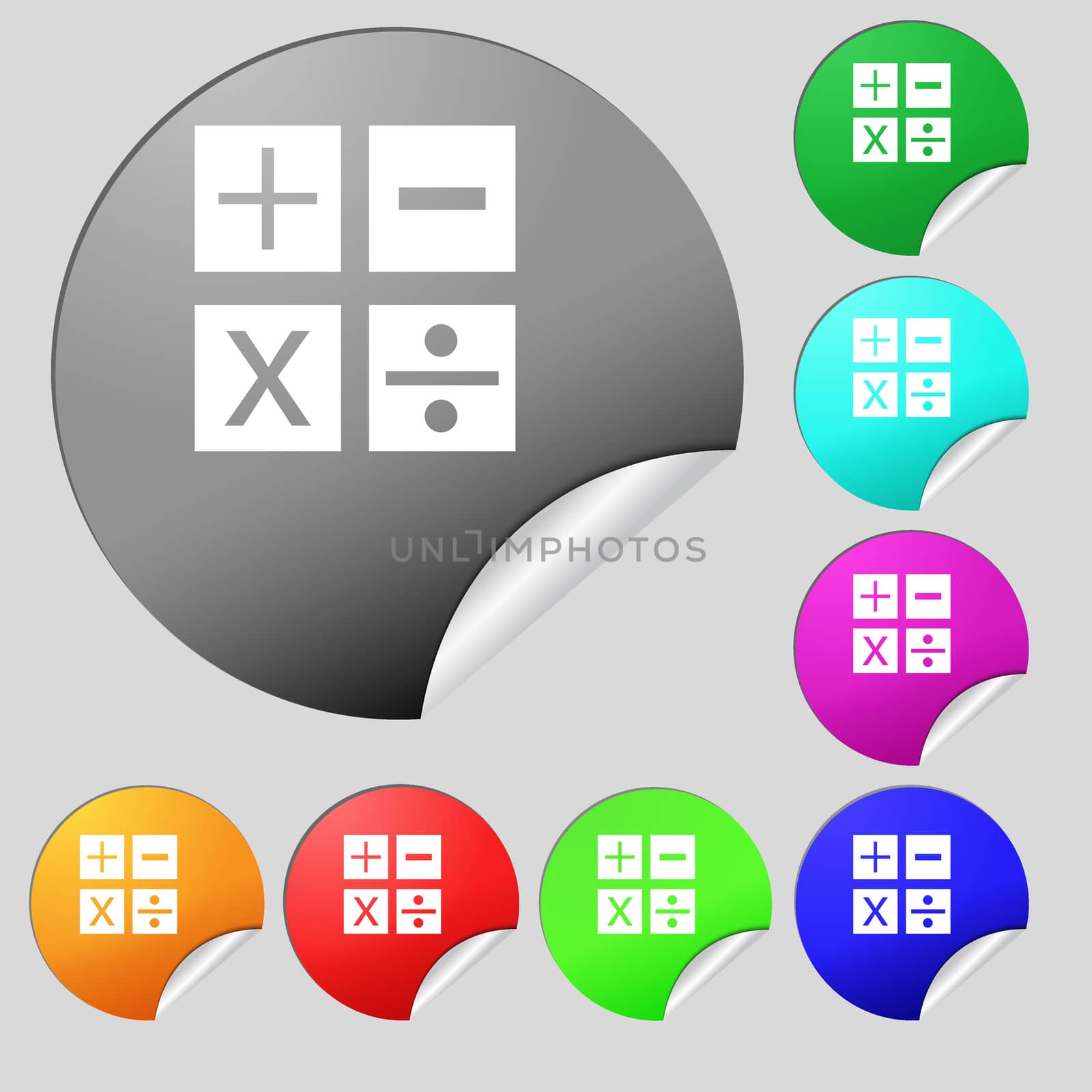 Multiplication, division, plus, minus icon Math symbol Mathematics. Set of eight multi colored round buttons, stickers. illustration