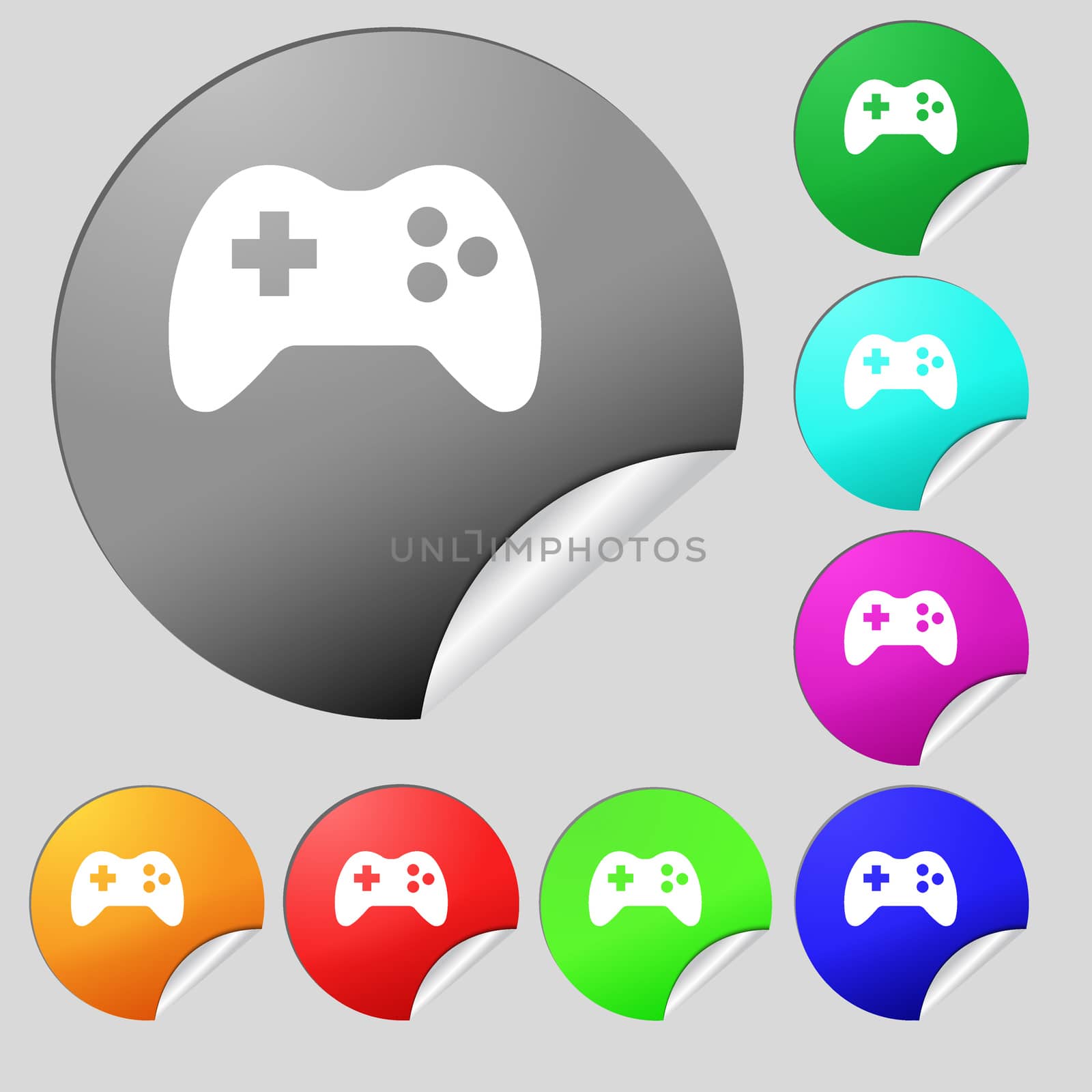 Joystick sign icon. Video game symbol. Set of eight multi colored round buttons, stickers. illustration