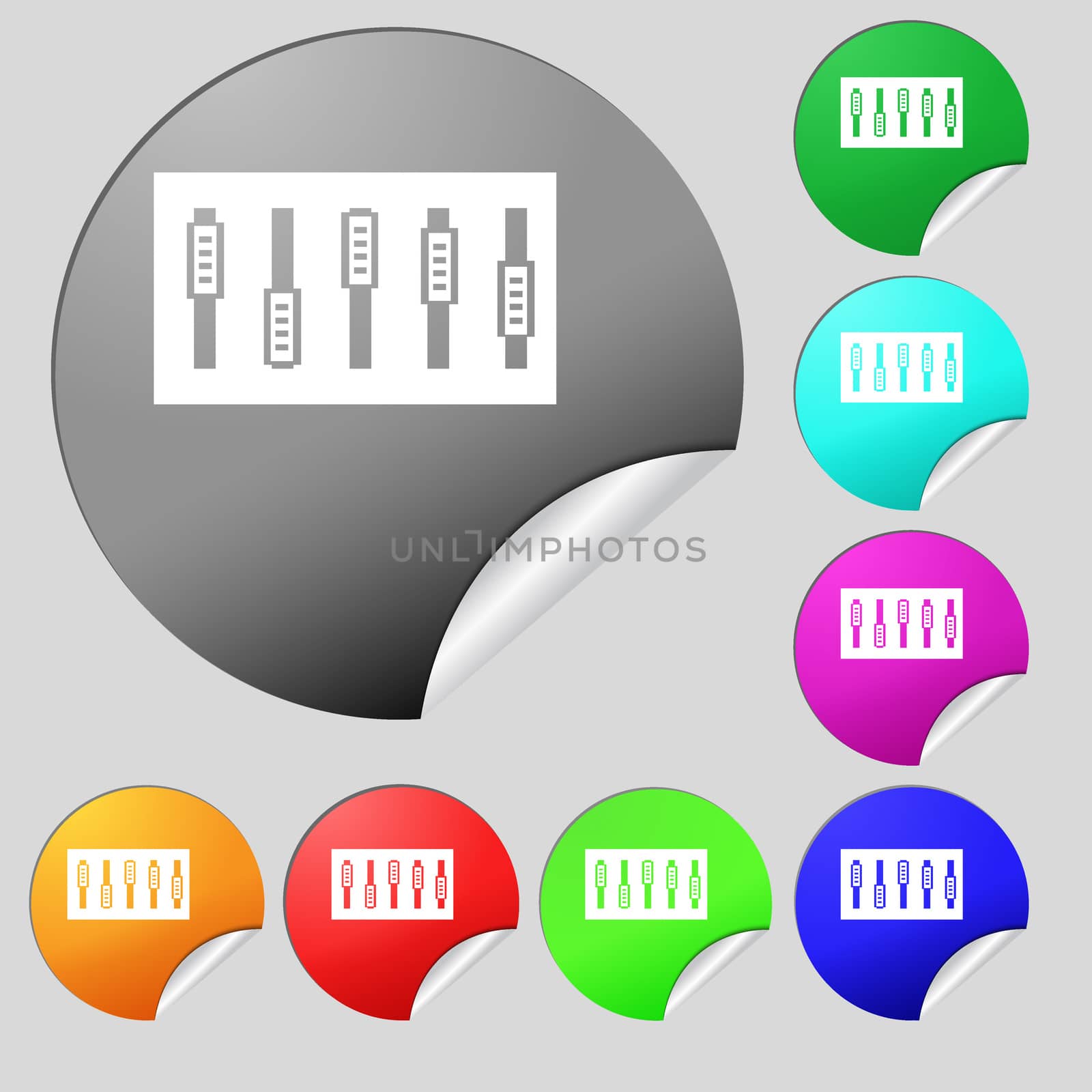 Dj console mix handles and buttons icon symbol. Set of eight multi colored round buttons, stickers. illustration