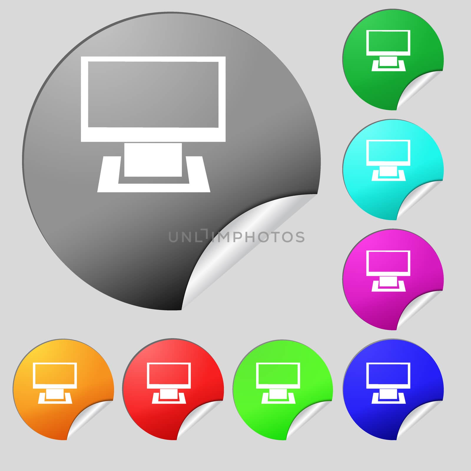 Computer widescreen monitor sign icon. Set of eight multi colored round buttons, stickers.  by serhii_lohvyniuk