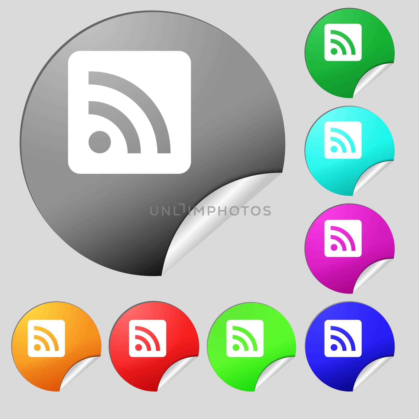 RSS feed icon sign. Set of eight multi-colored round buttons, stickers. illustration
