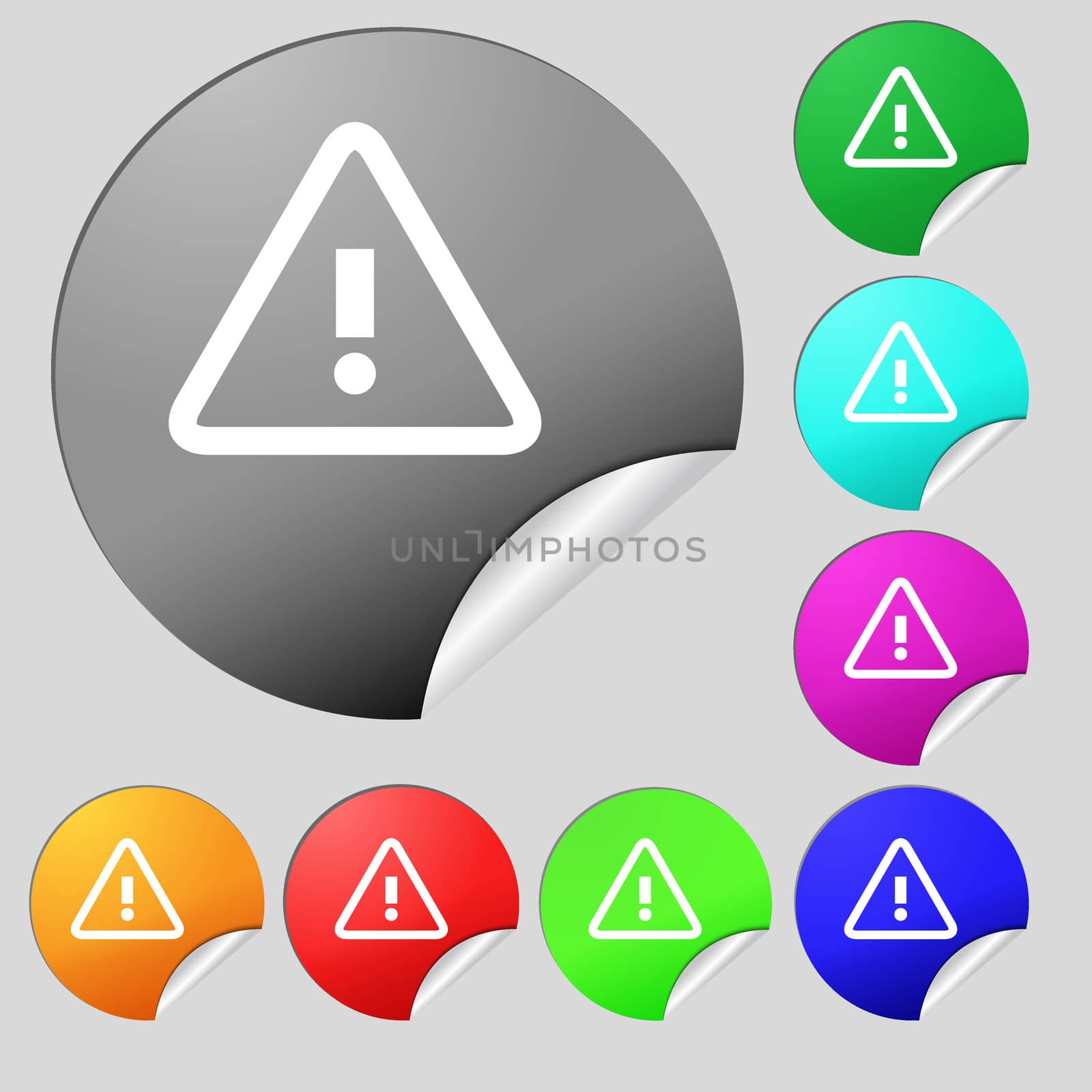 Attention caution sign icon. Exclamation mark. Hazard warning symbol. Set of eight multi colored round buttons, stickers. illustration