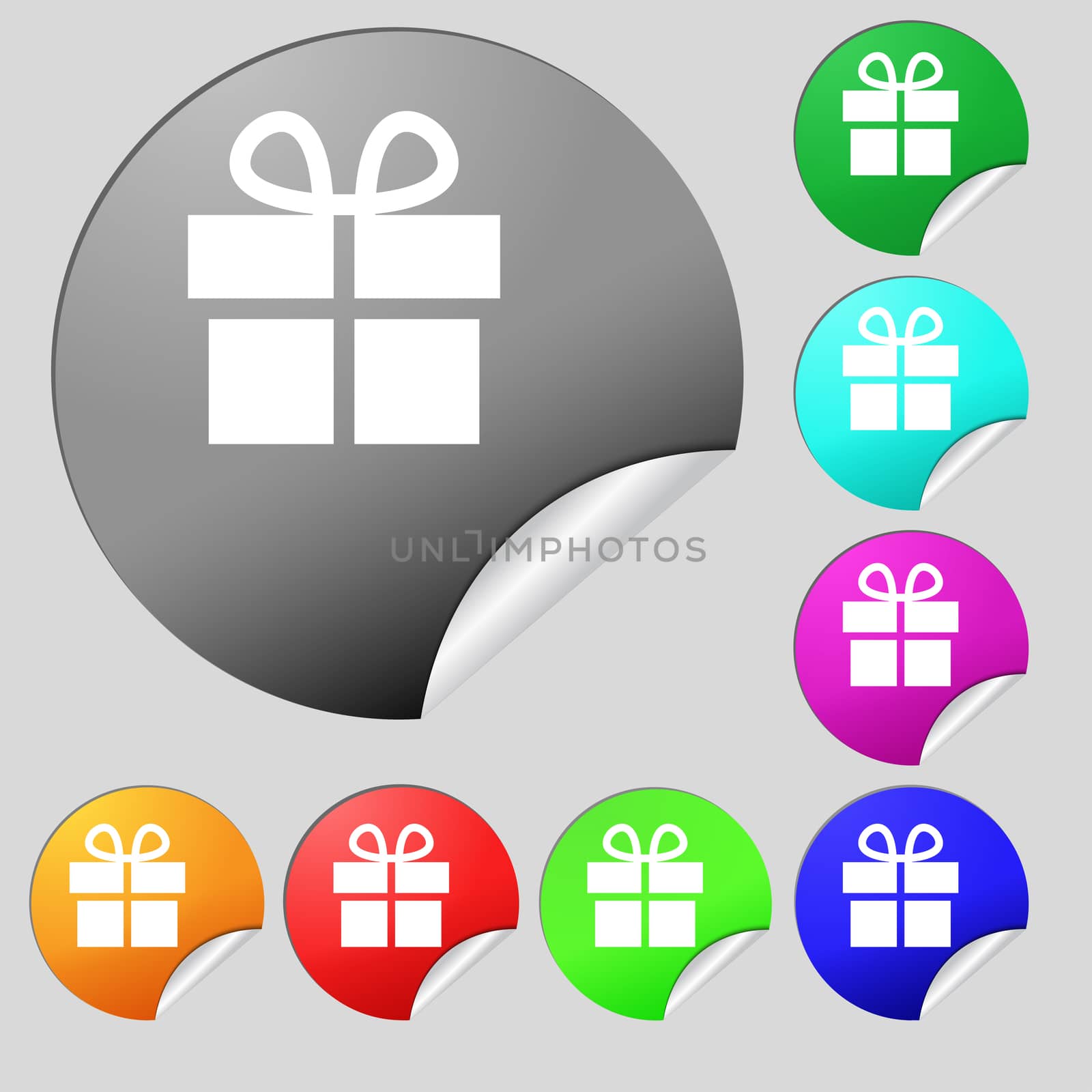 Gift box icon sign. Set of eight multi-colored round buttons, stickers.  by serhii_lohvyniuk