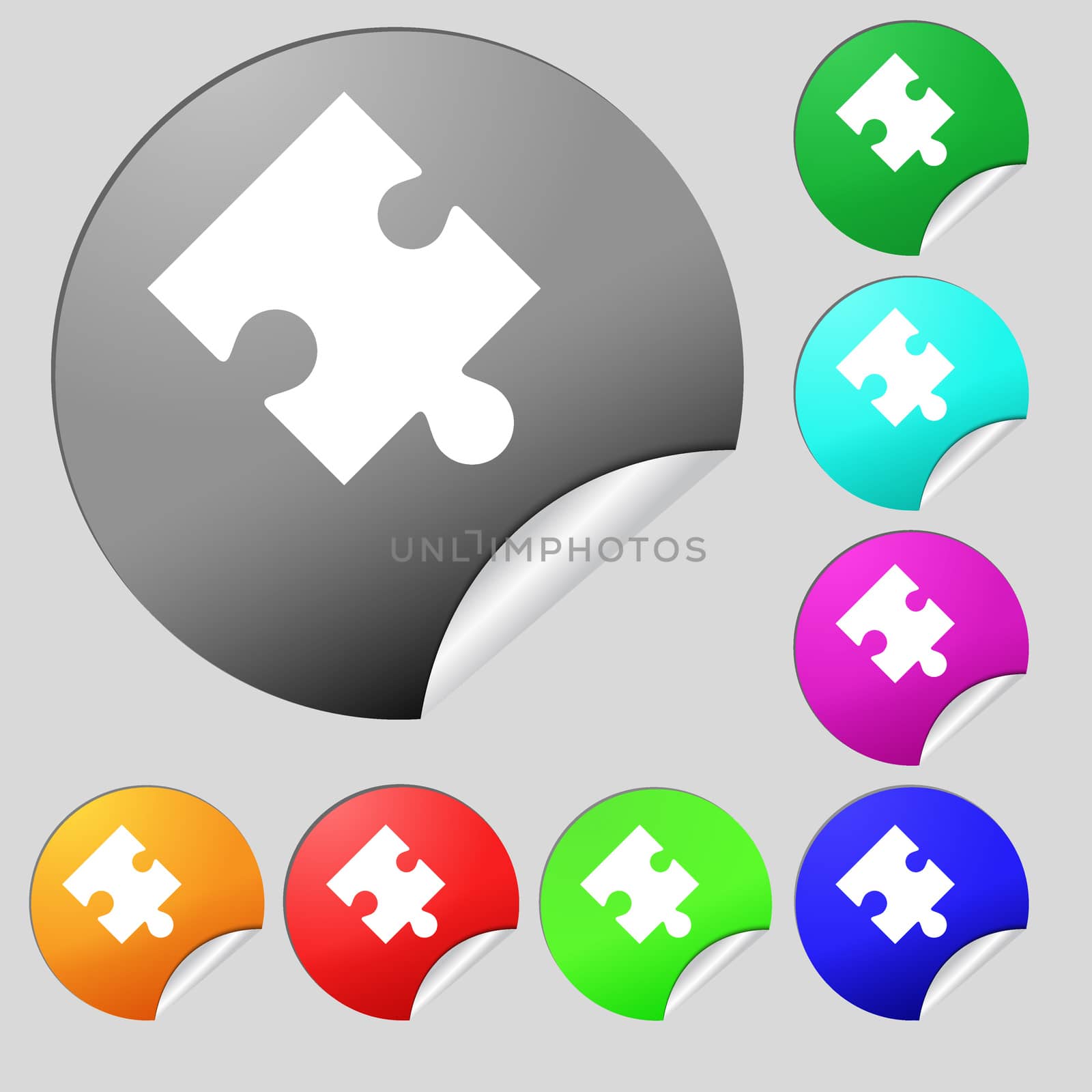 Puzzle piece icon sign. Set of eight multi colored round buttons, stickers. illustration