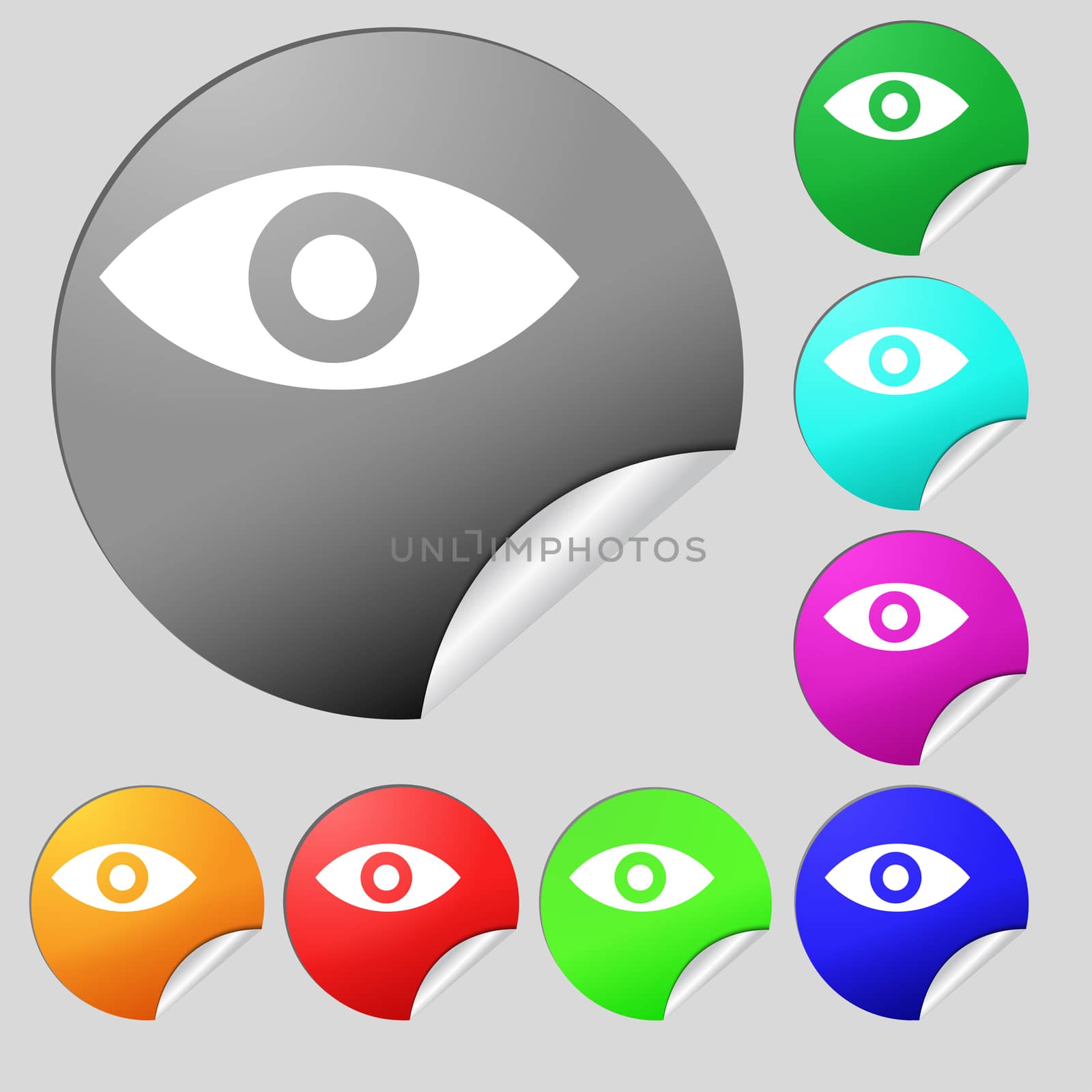 Eye, Publish content, sixth sense, intuition icon sign. Set of eight multi-colored round buttons, stickers. illustration