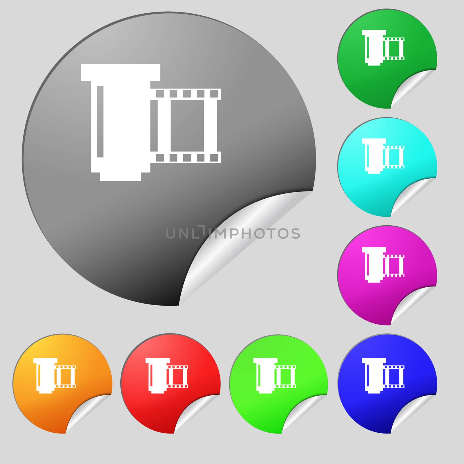 negative films icon symbol.. Set of eight multi colored round buttons, stickers. illustration