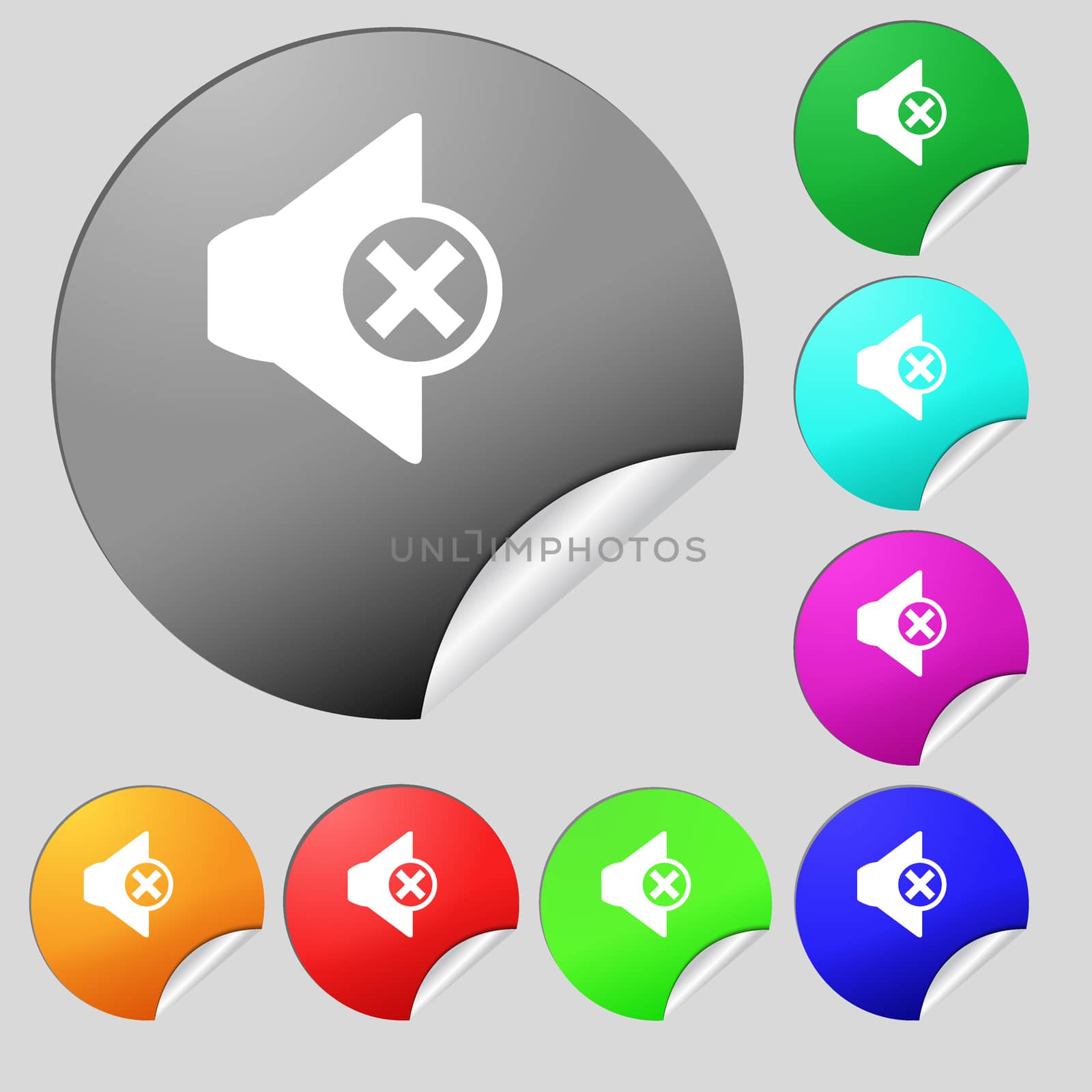 Mute speaker sign icon. Sound symbol. Set of eight multi colored round buttons, stickers.  by serhii_lohvyniuk