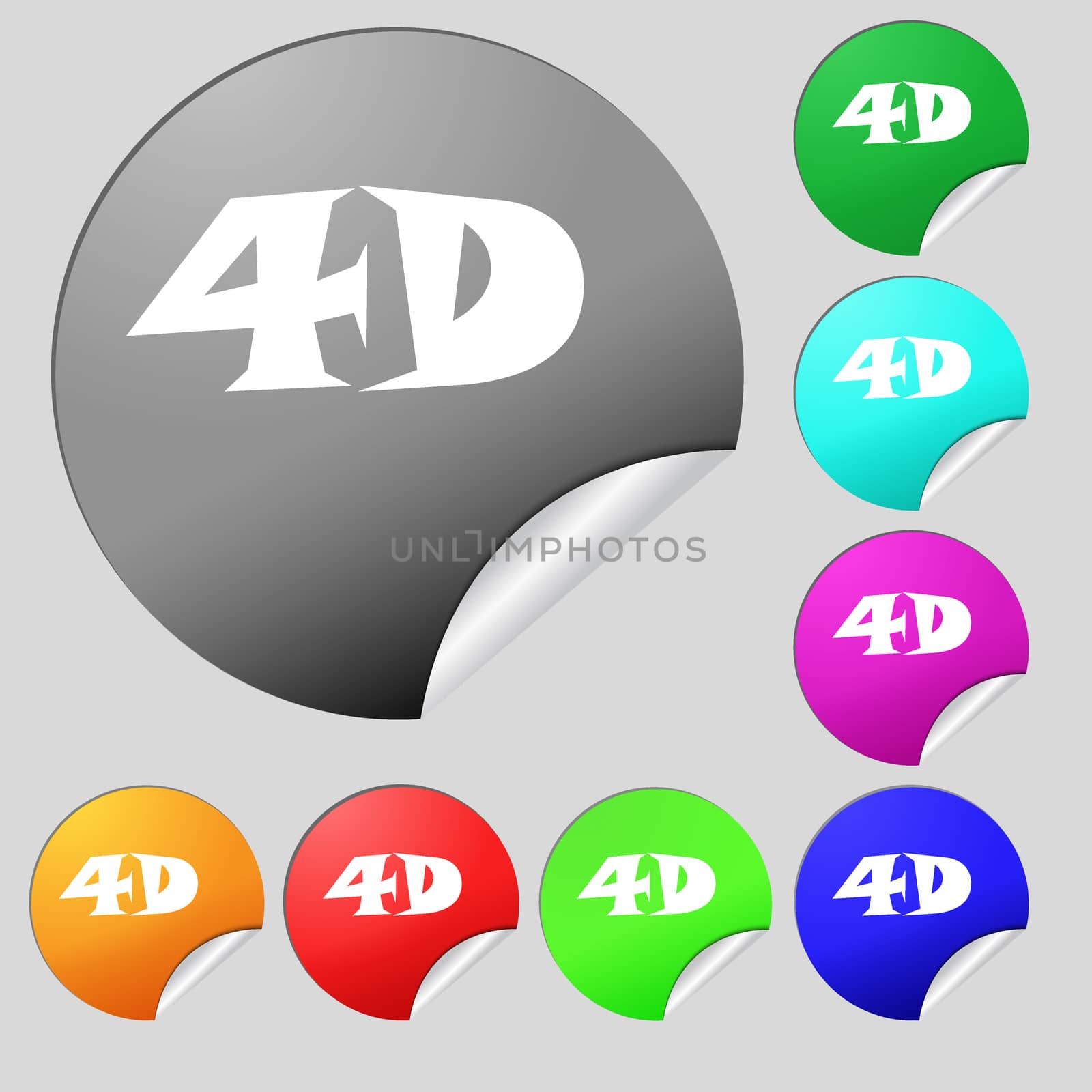 4D sign icon. 4D New technology symbol. Set of eight multi colored round buttons, stickers. illustration