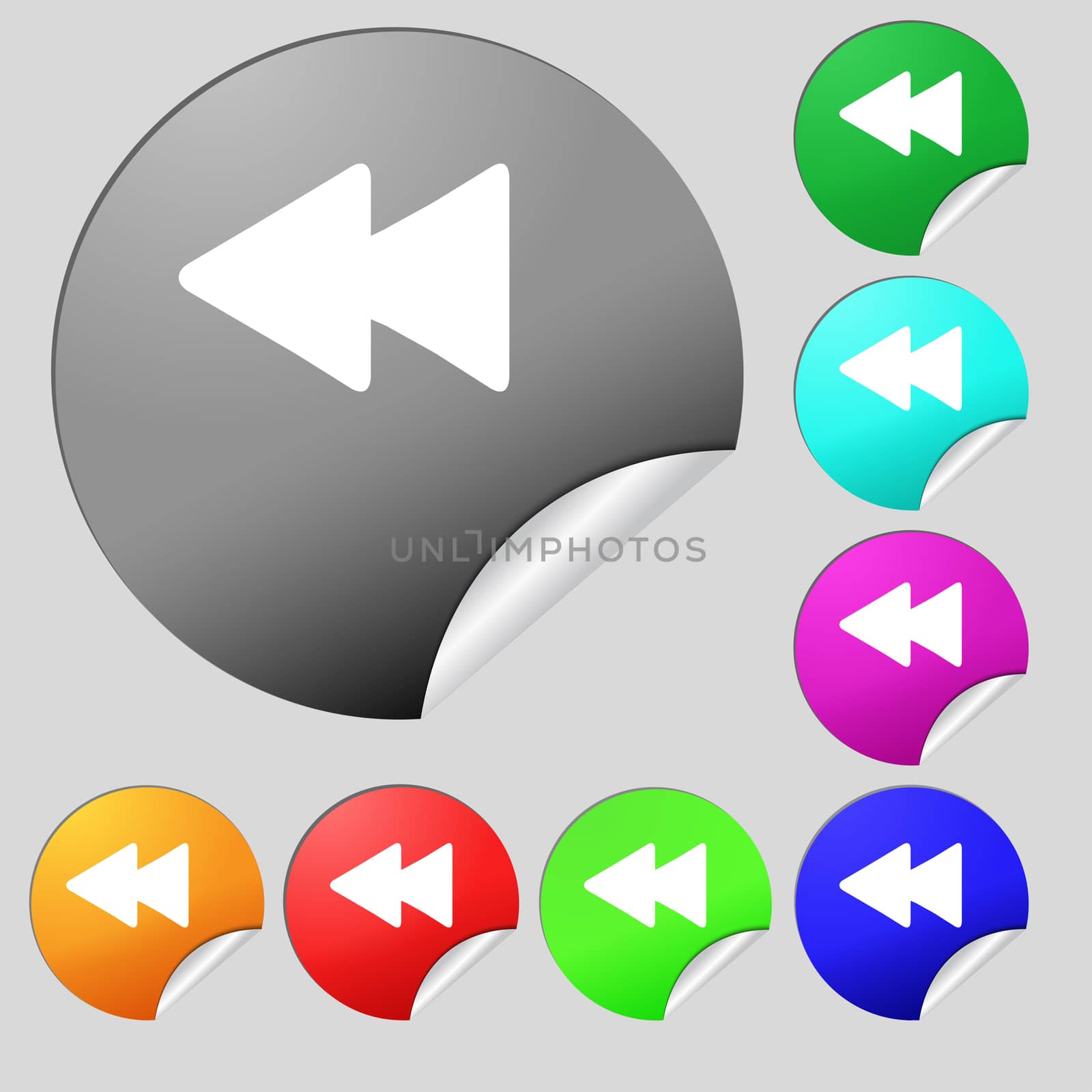 rewind icon sign. Set of eight multi-colored round buttons, stickers. illustration