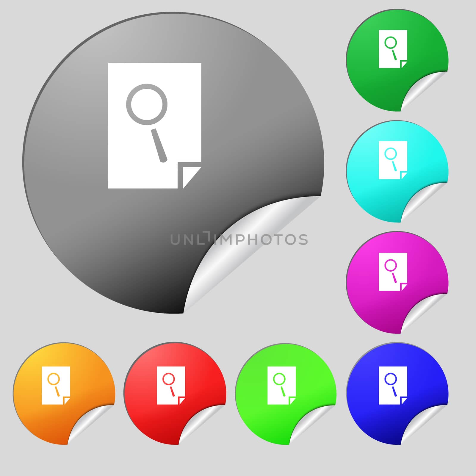 Search in file sign icon. Find in document symbol. Set of eight multi colored round buttons, stickers. illustration