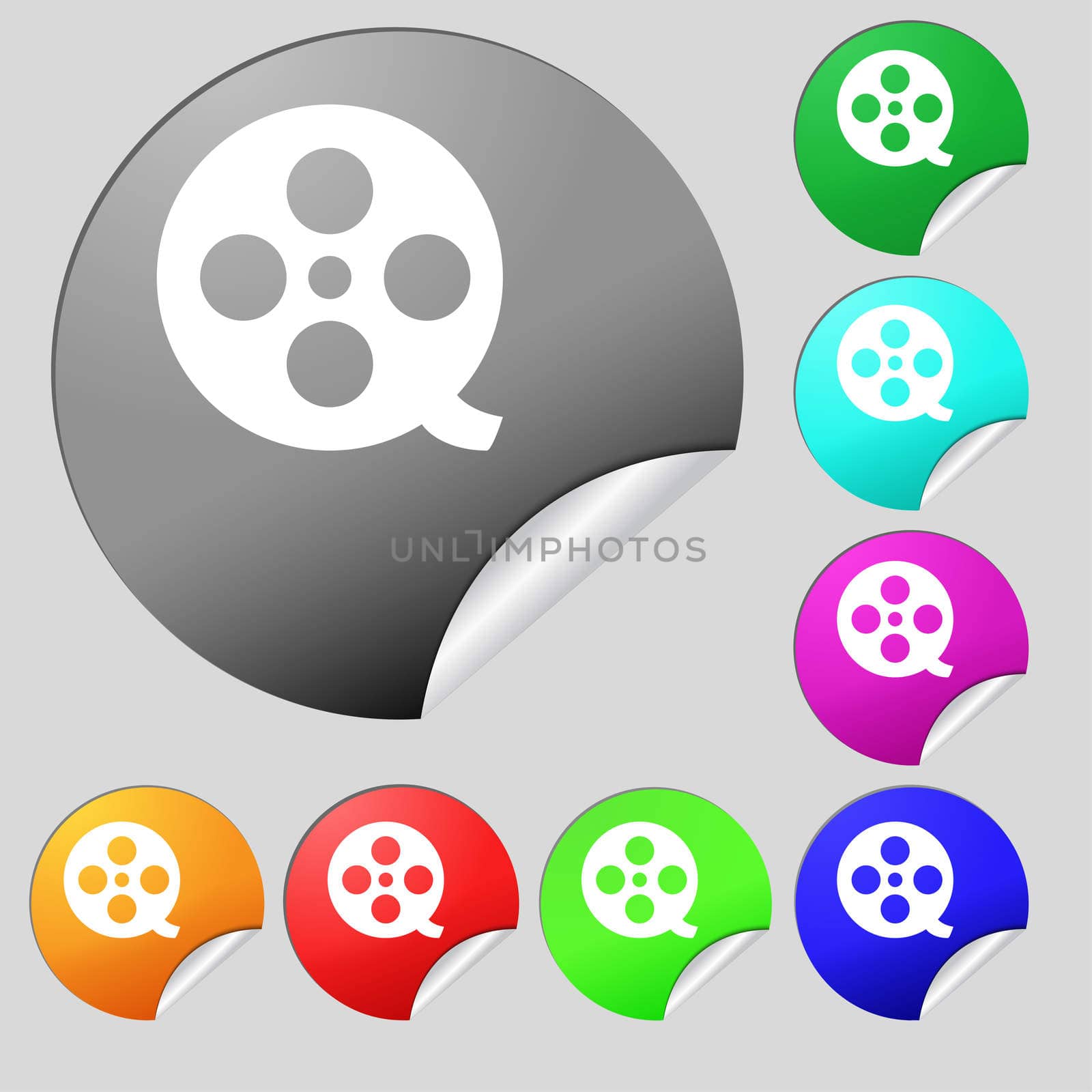 Film icon sign. Set of eight multi-colored round buttons, stickers. illustration