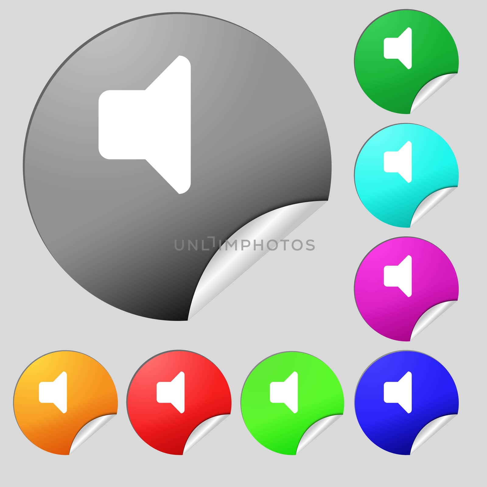 Speaker volume, Sound icon sign. Set of eight multi-colored round buttons, stickers. illustration