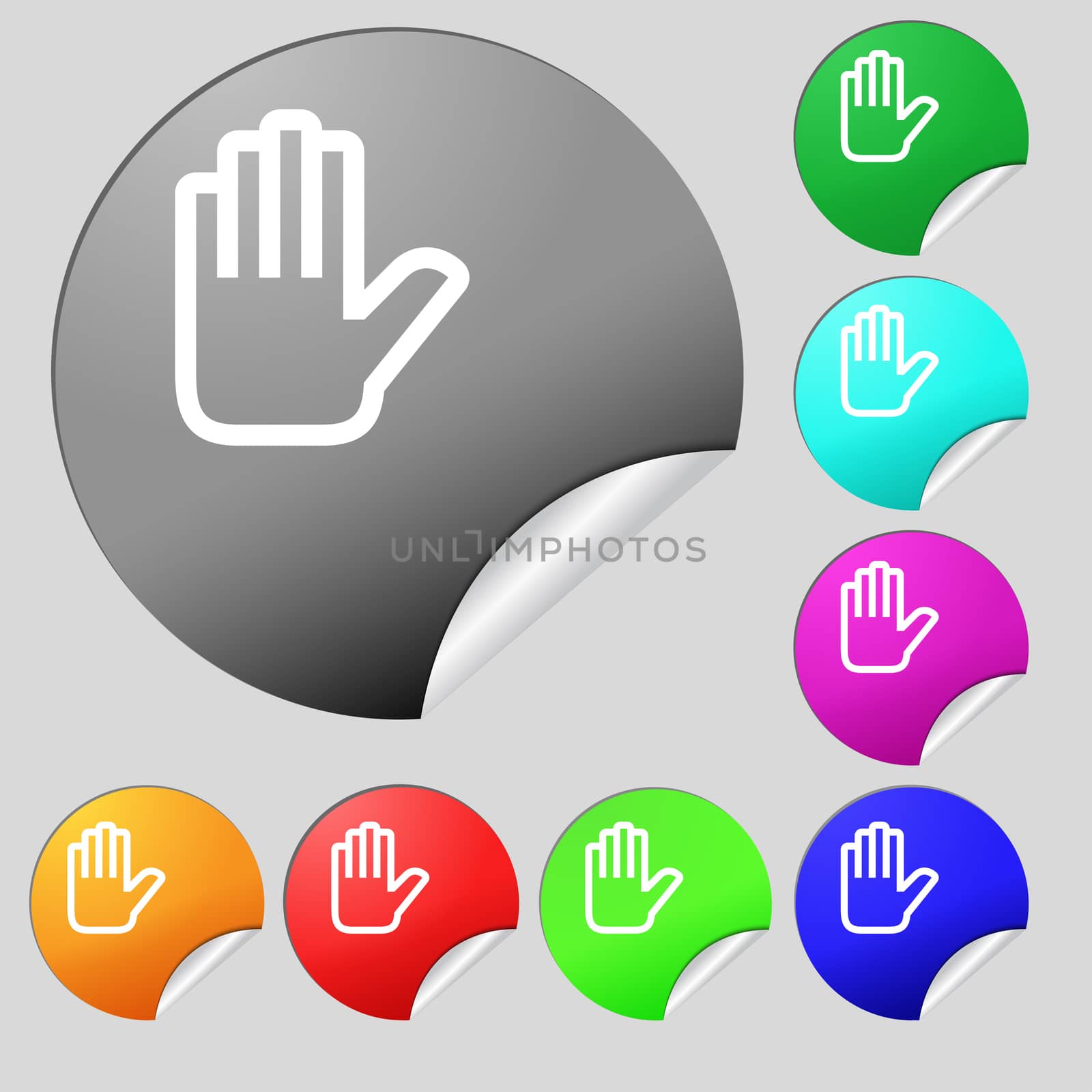Hand print, Stop icon sign. Set of eight multi-colored round buttons, stickers. illustration
