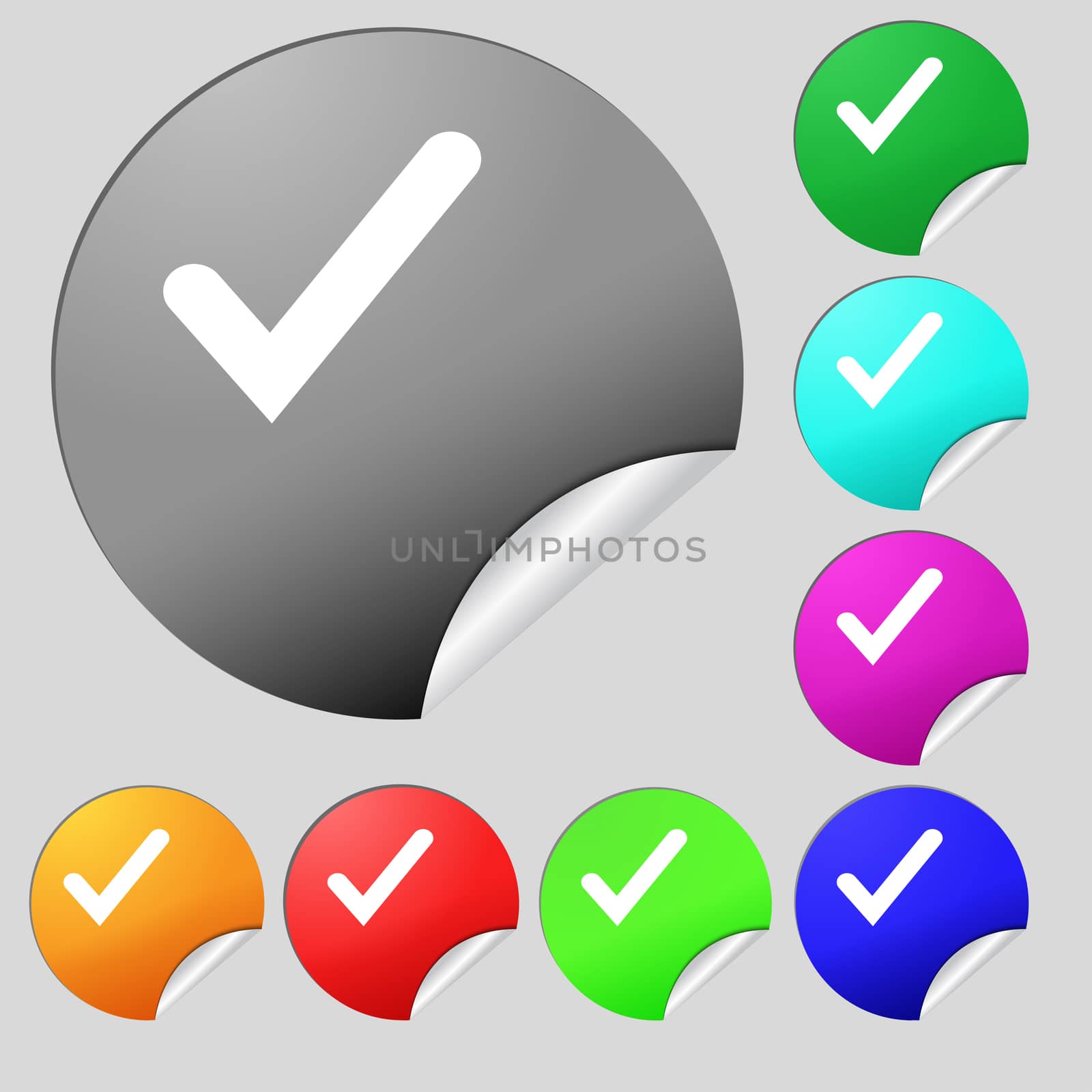 Check mark, tik icon sign. Set of eight multi-colored round buttons, stickers.  by serhii_lohvyniuk