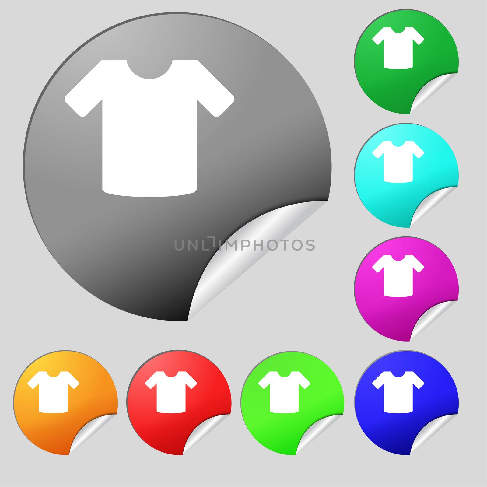T-shirt, Clothes icon sign. Set of eight multi-colored round buttons, stickers.  by serhii_lohvyniuk