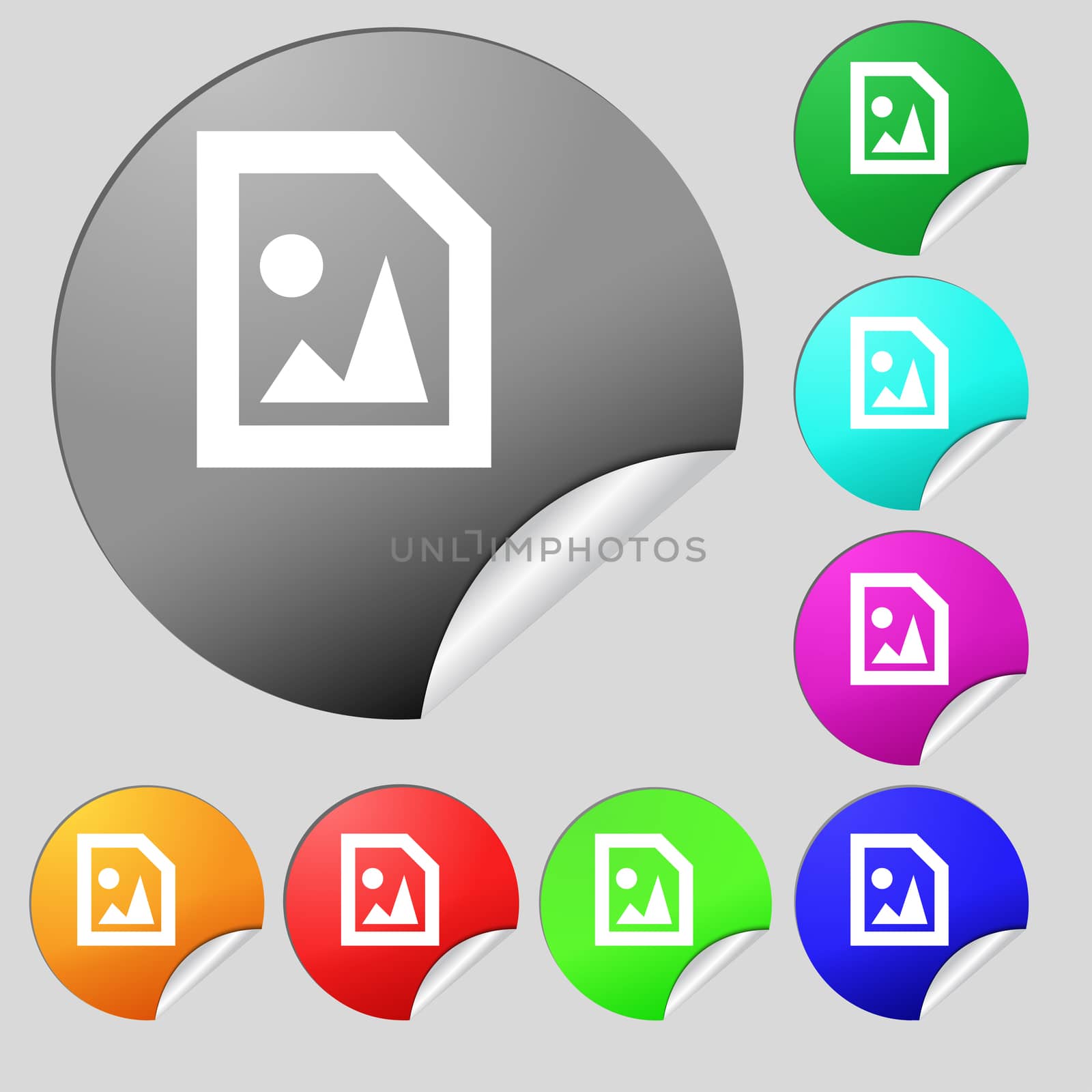 File JPG icon sign. Set of eight multi-colored round buttons, stickers. illustration